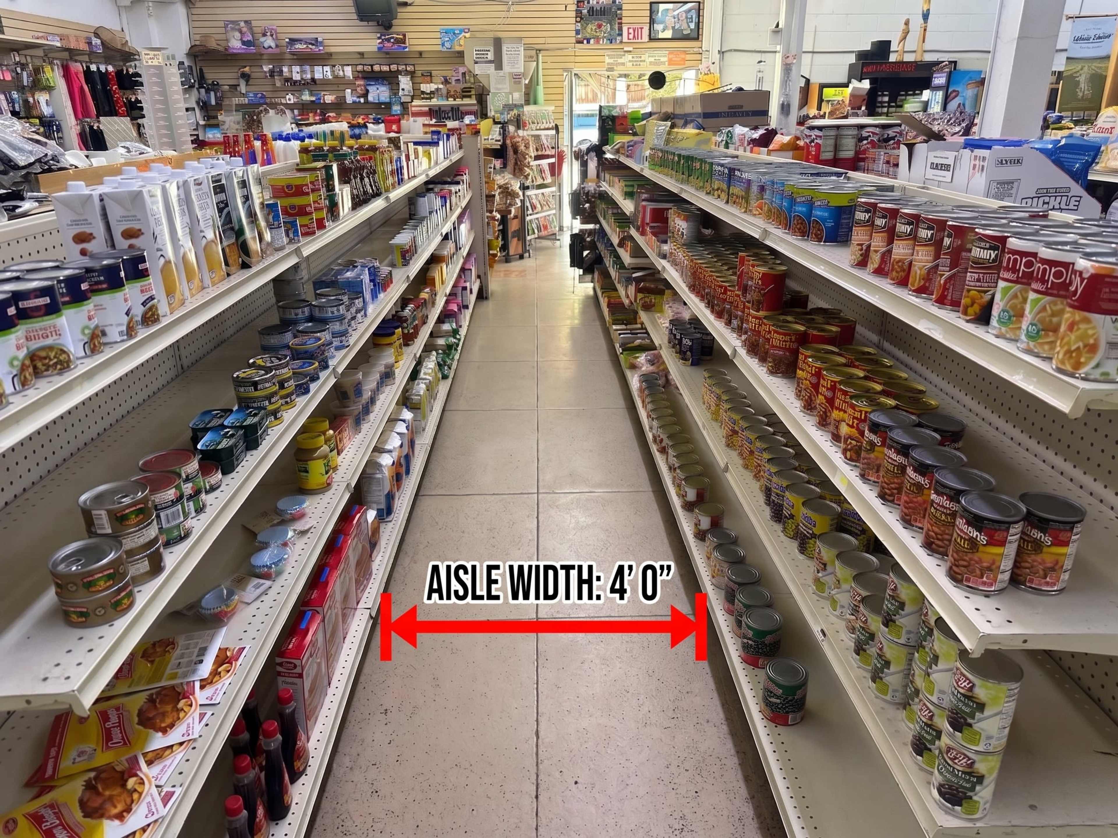 The image shows an aisle in a store with shelves stocked on both sides, featuring various canned goods and packaged items, along with a sign indicating the aisle width of 4 feet.