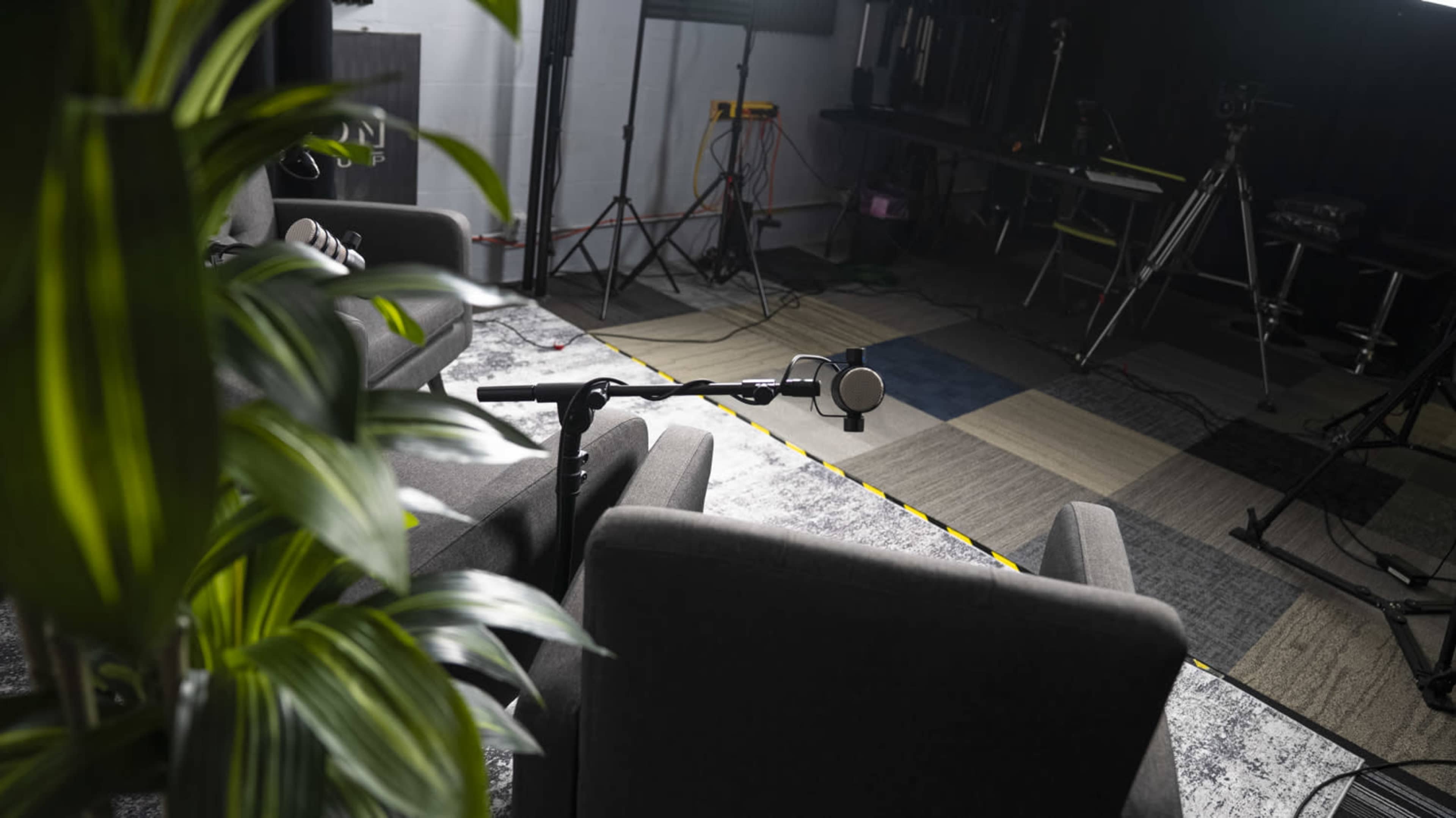 The image shows a recording setup with two chairs, a microphone on a stand, studio lights, and a partially obscured indoor plant.