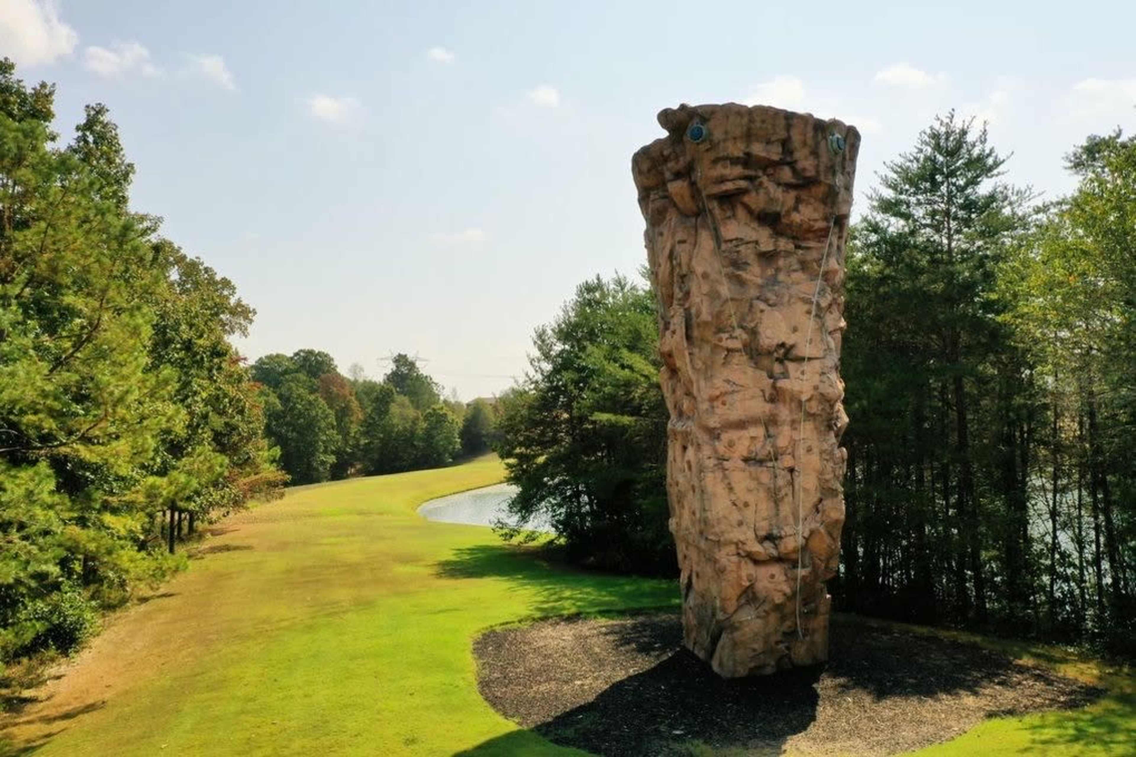 A tall rock climbing tower situated on a grassy area near a serene pond and surrounded by trees.