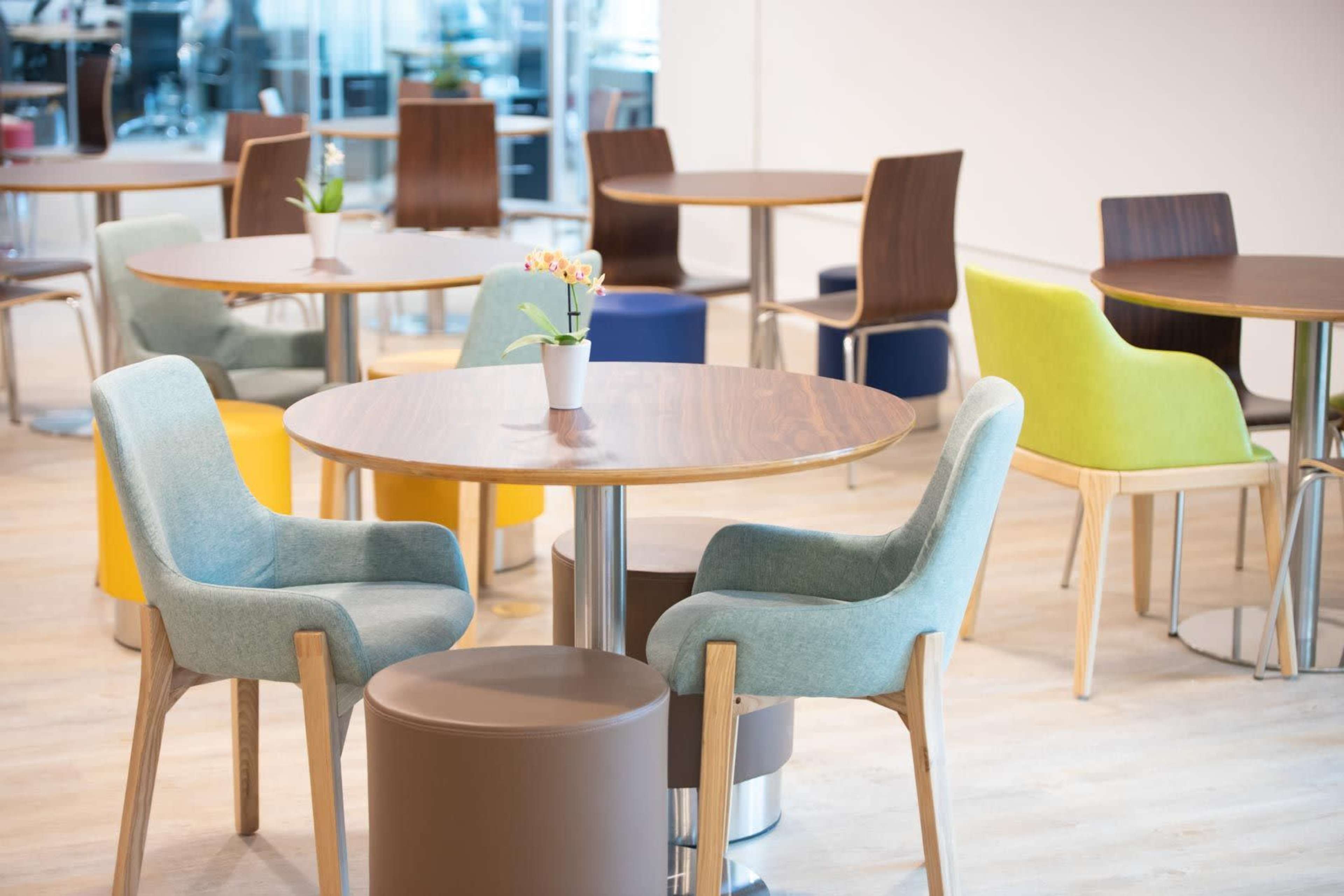 The image shows a modern café interior with several round tables and colorful chairs, each featuring small plants as centerpieces.
