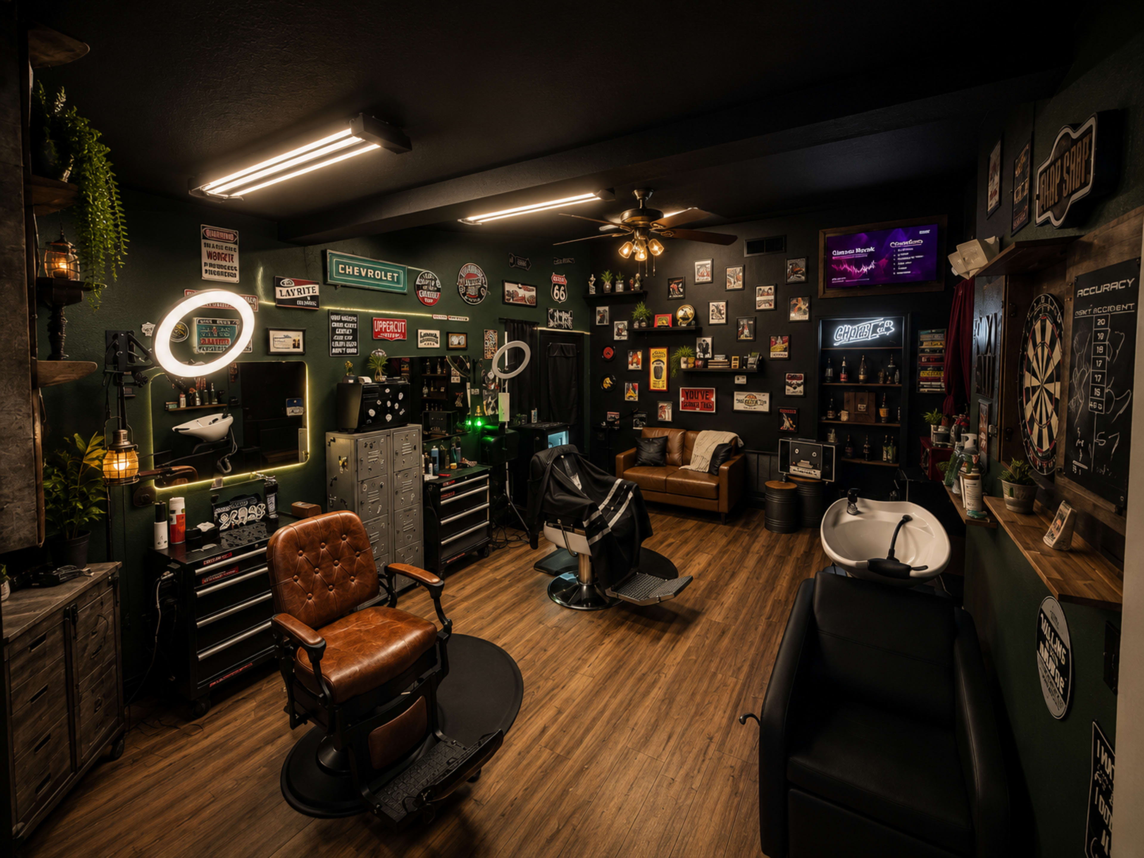 The image shows a stylish barbershop interior featuring vintage decor, two barber chairs, a waiting area, and various wall-mounted signs.
