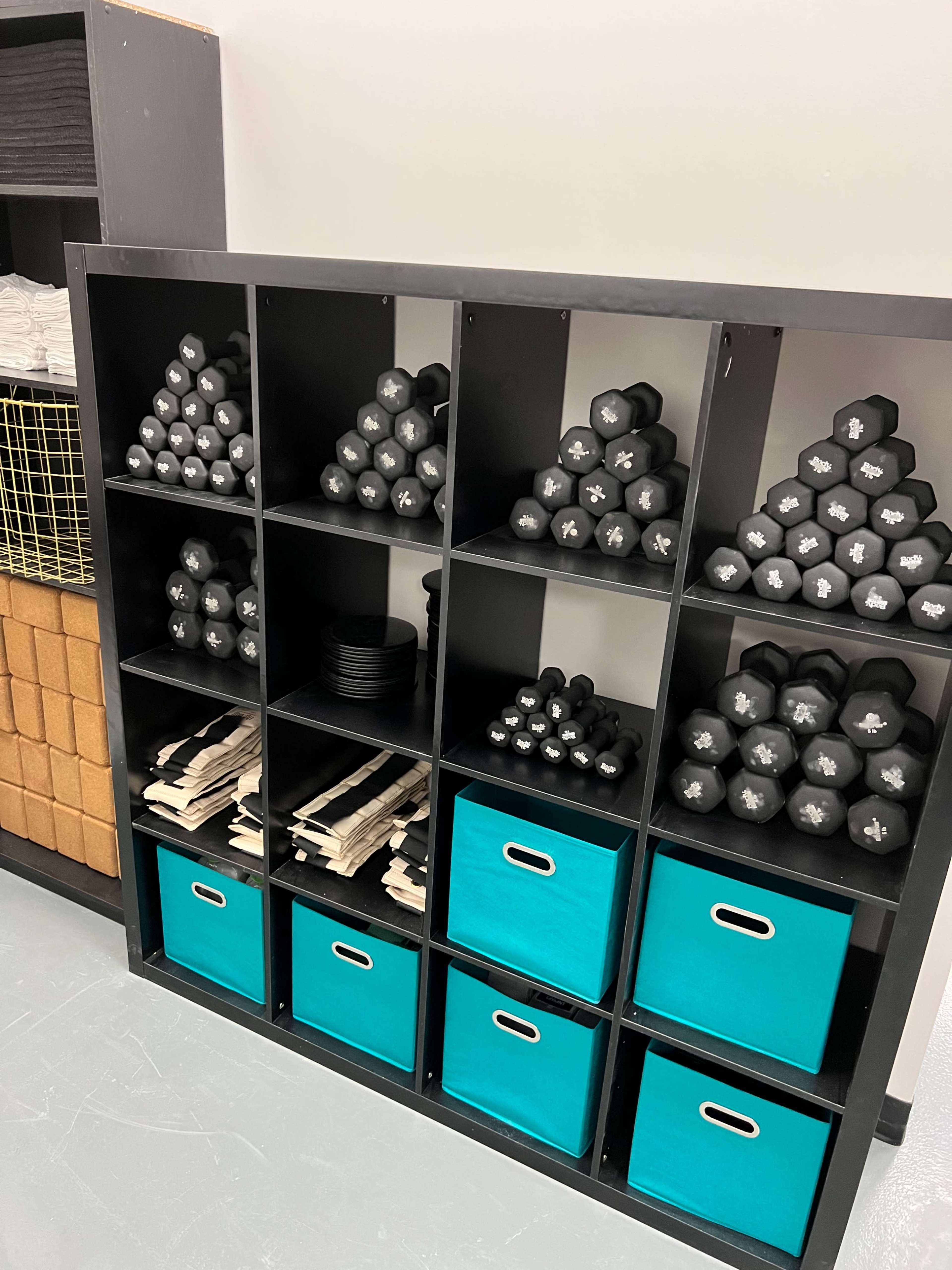 A black shelving unit contains neatly organized black dumbbells, weight plates, and storage bins in a workout space.
