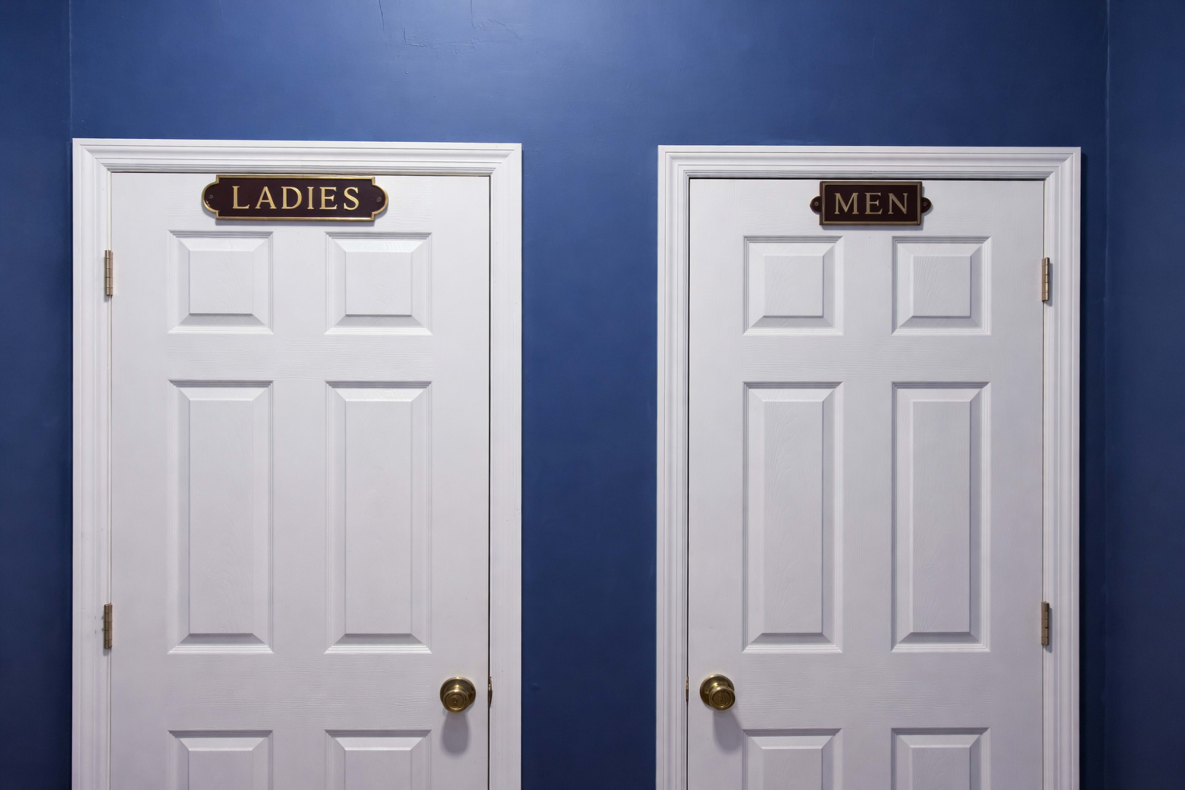 The image shows two white doors labeled "LADIES" and "MEN," set against a blue wall.