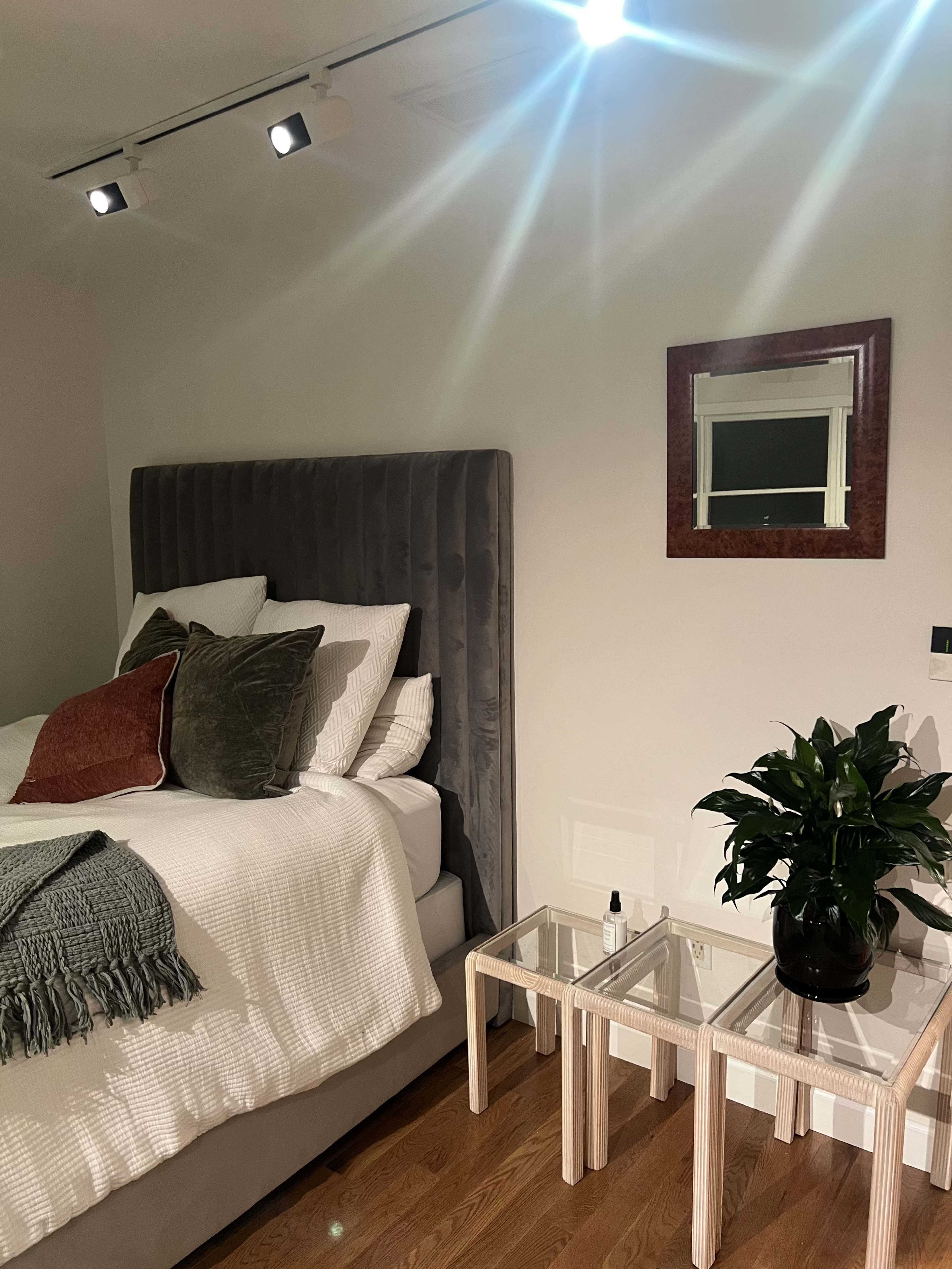 A modern bedroom with a gray tufted headboard, neatly arranged white bedding, a small plant on a glass side table, and track lighting above.