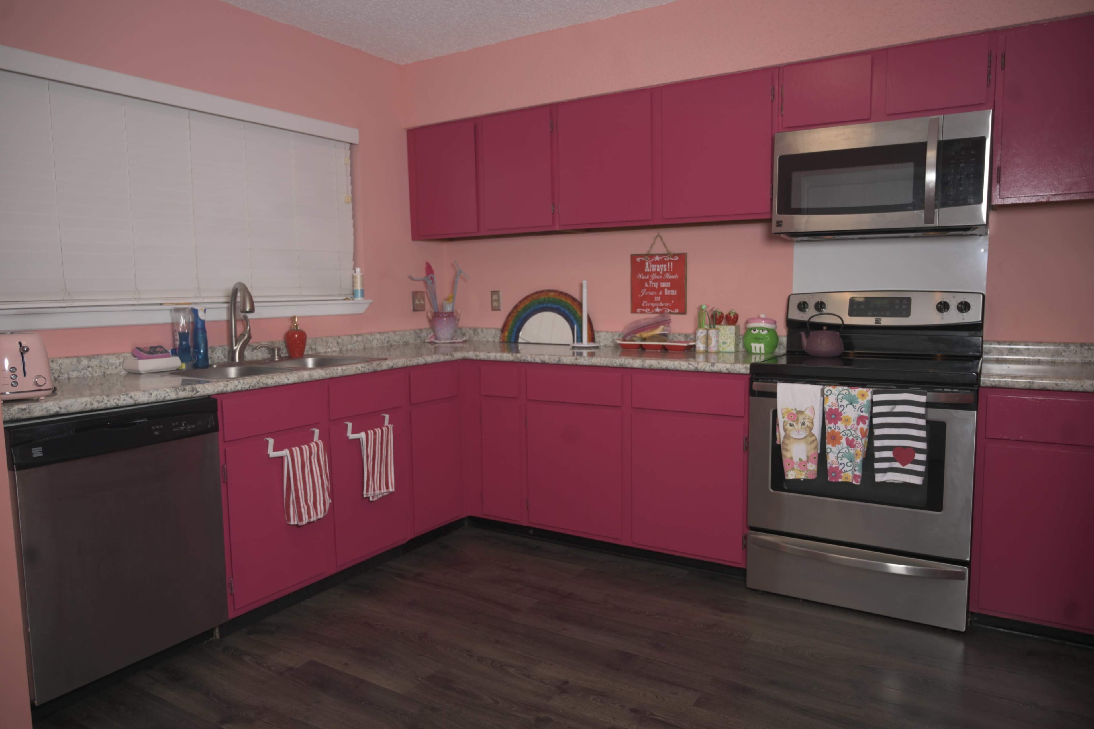 The image shows a kitchen with pink cabinets, a stainless-steel stove, and a granite countertop.