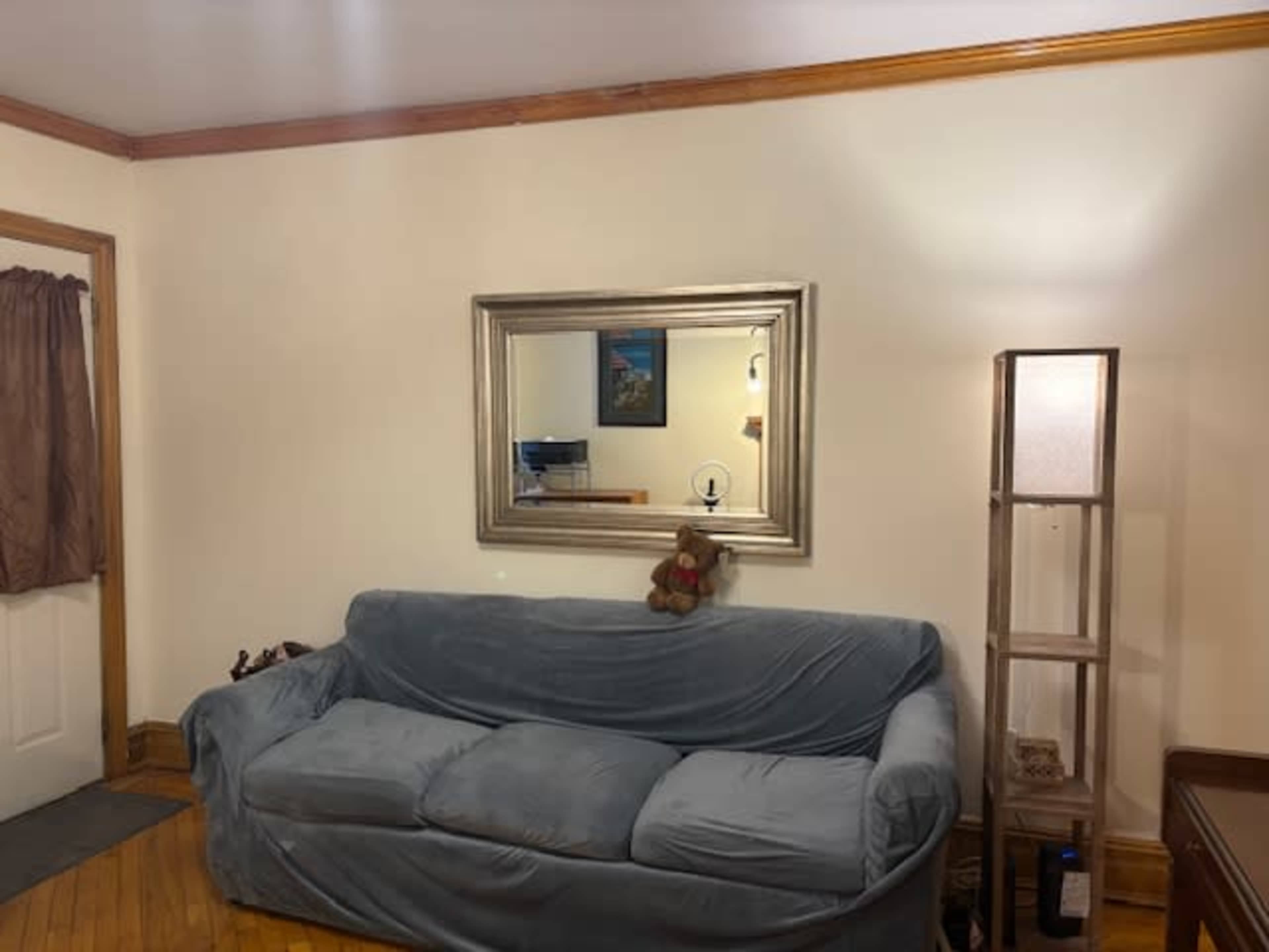 The image features a living room with a gray couch, a large framed mirror on the wall, and a lighted shelf next to the door.