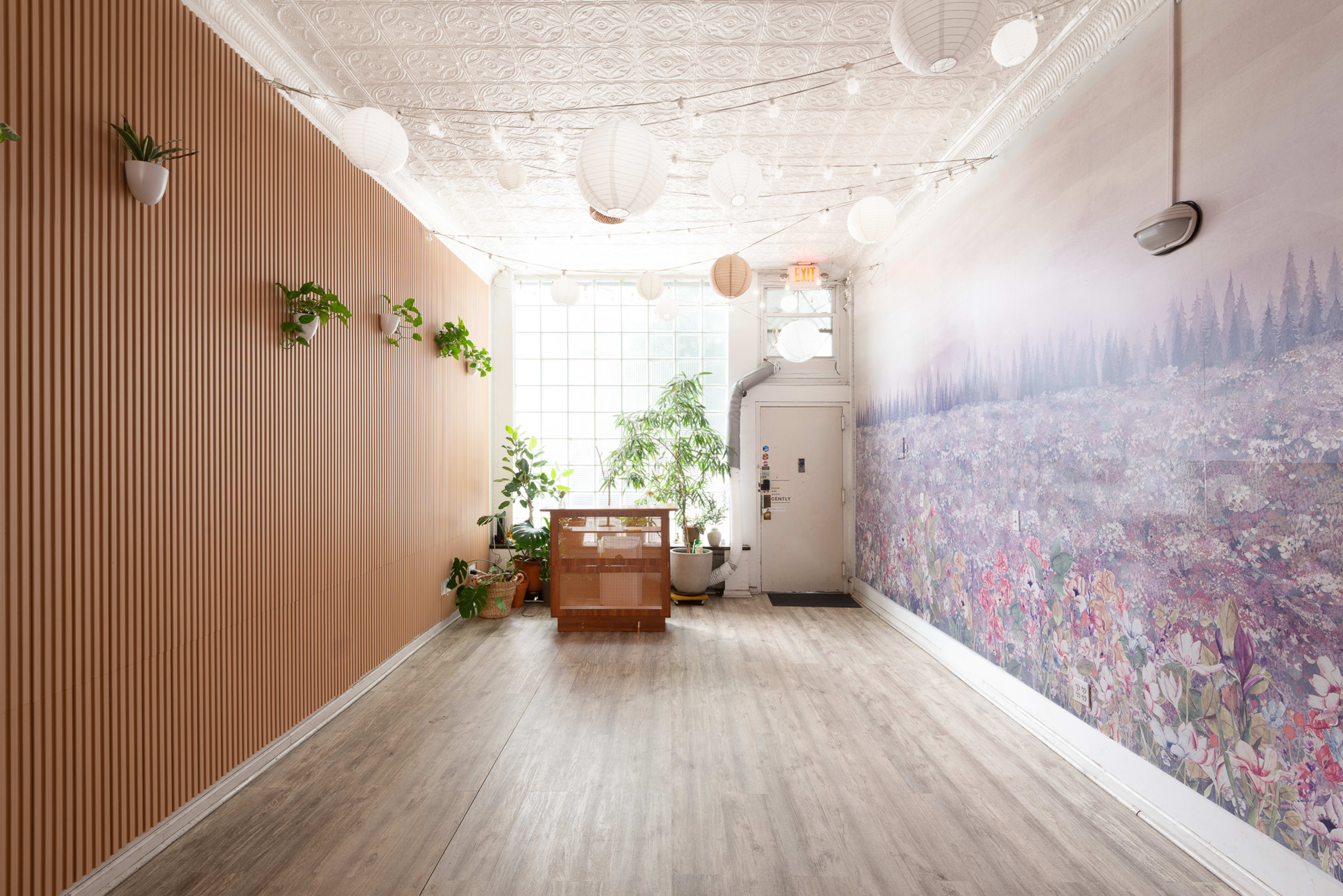 The interior of a well-lit hallway features a decorative mural of flowers on one wall and potted plants along the other, with string lights illuminating the ceiling.