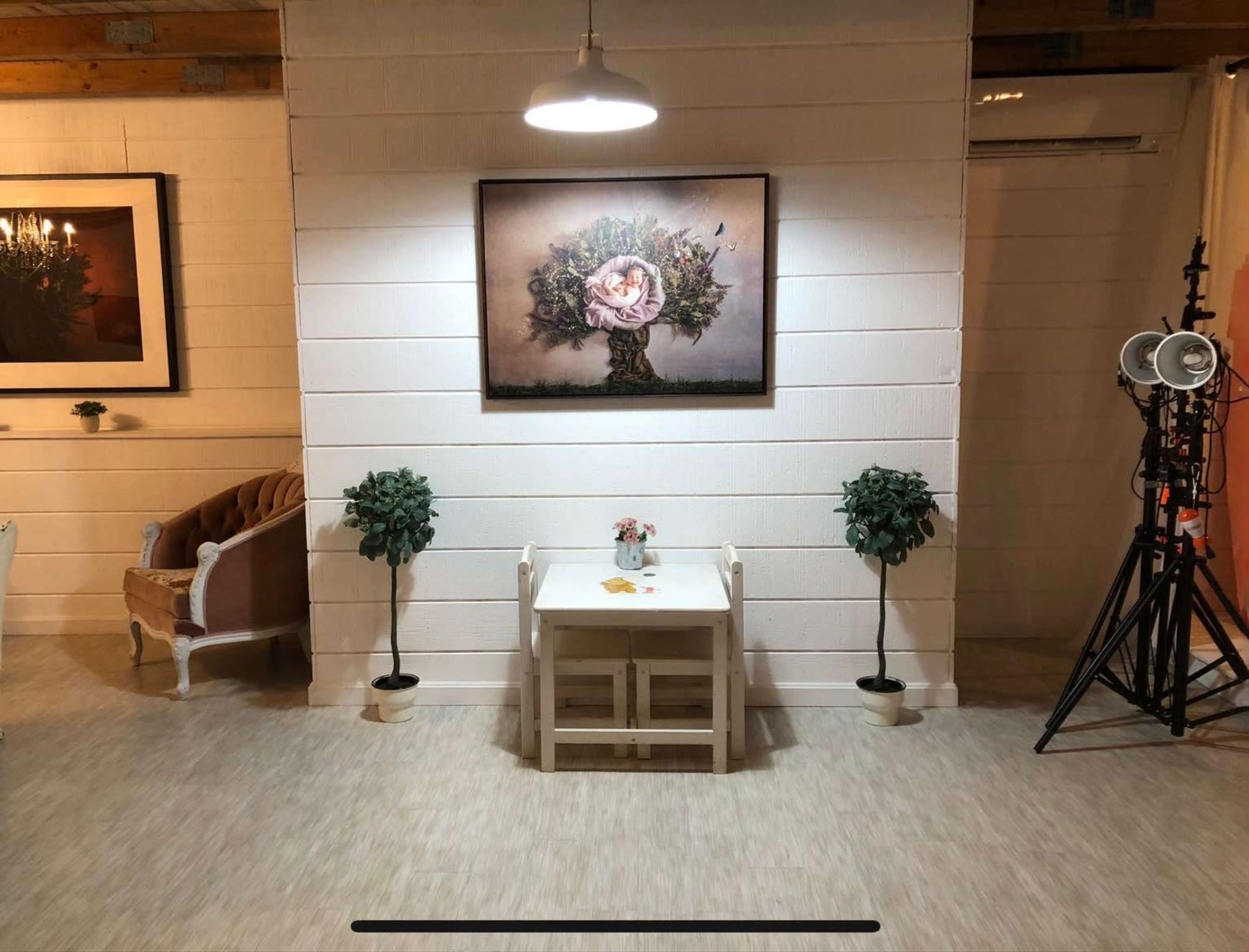A white-walled room with a small table and two potted plants, adorned by a framed artwork depicting a tree with a flower.