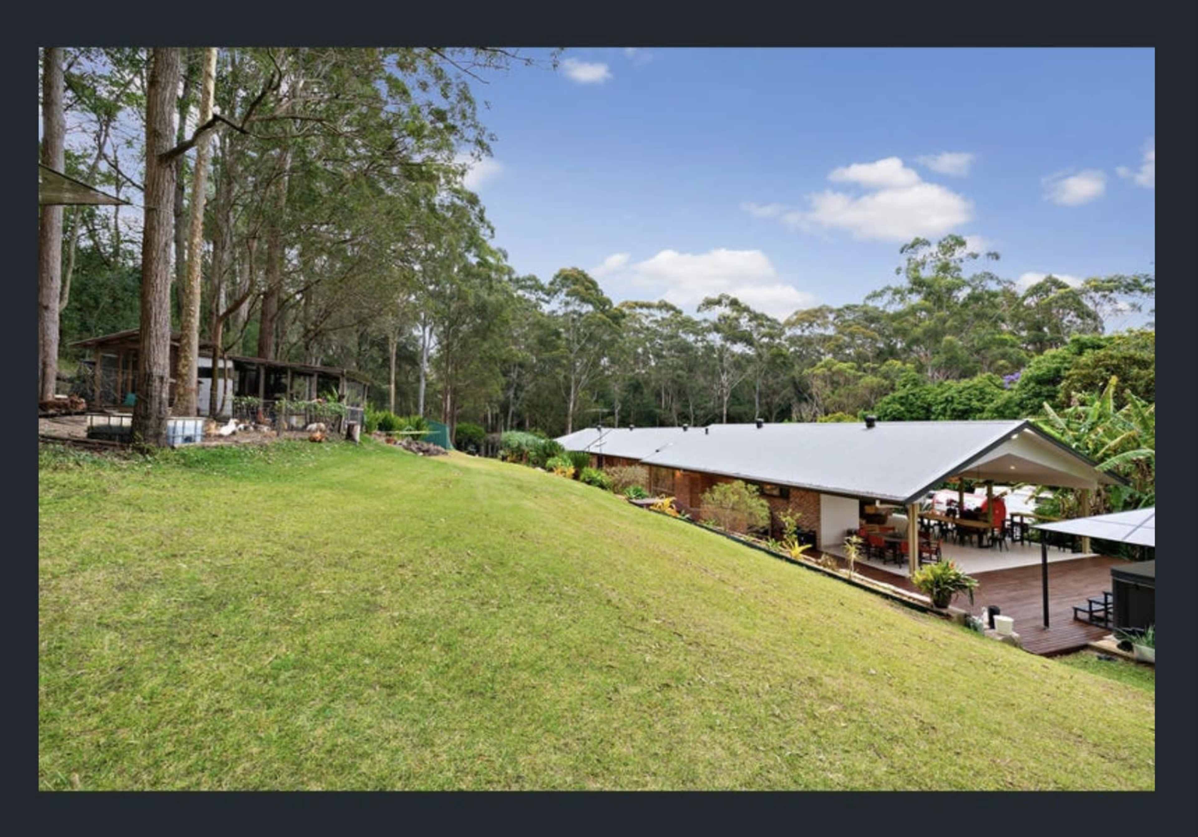 A sloping lawn leading to two modern houses nestled among tall trees and greenery.