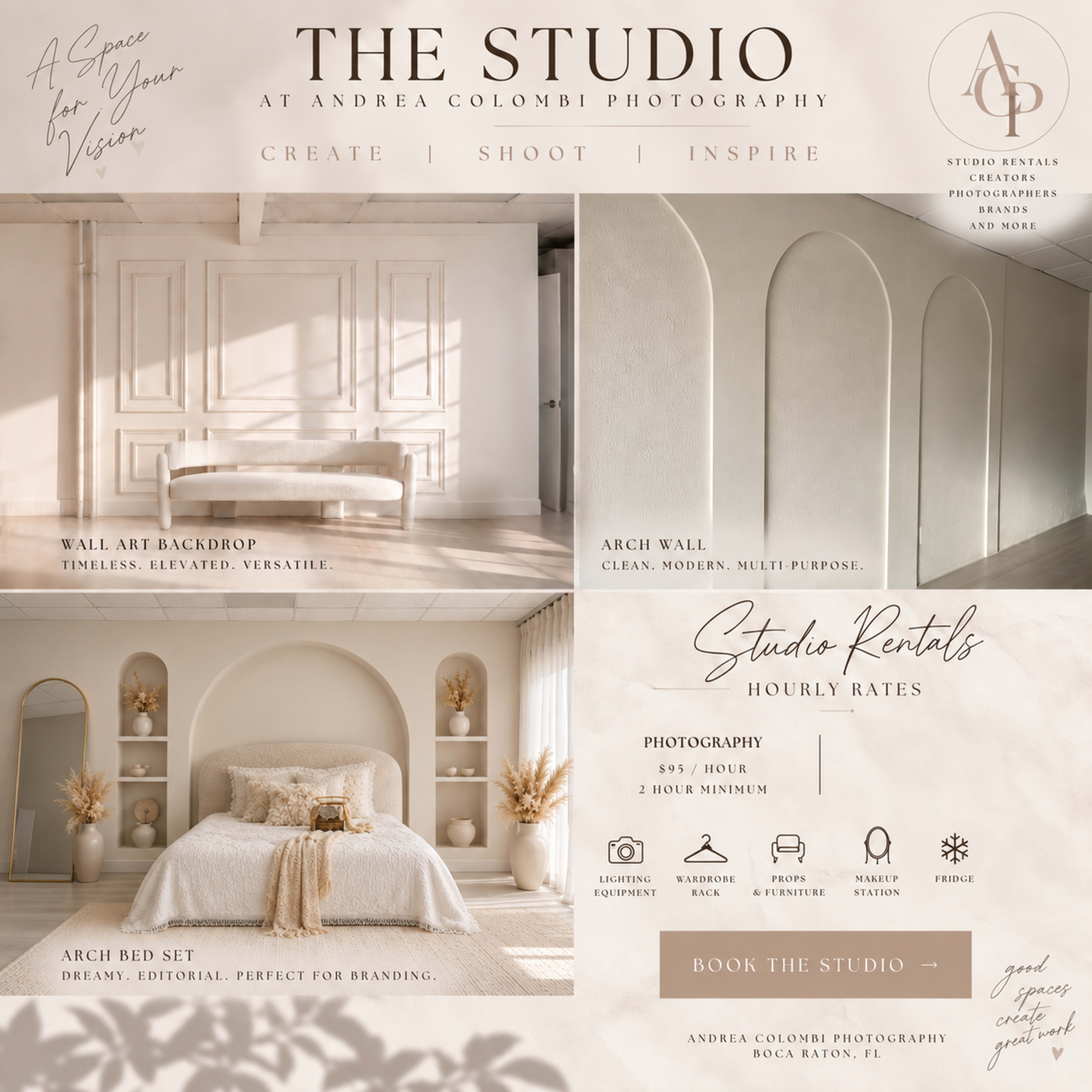 The image showcases a modern photography studio featuring an elegant wall art backdrop, an arch wall design, and a styled arch bed set, with details about studio rental rates and booking information.