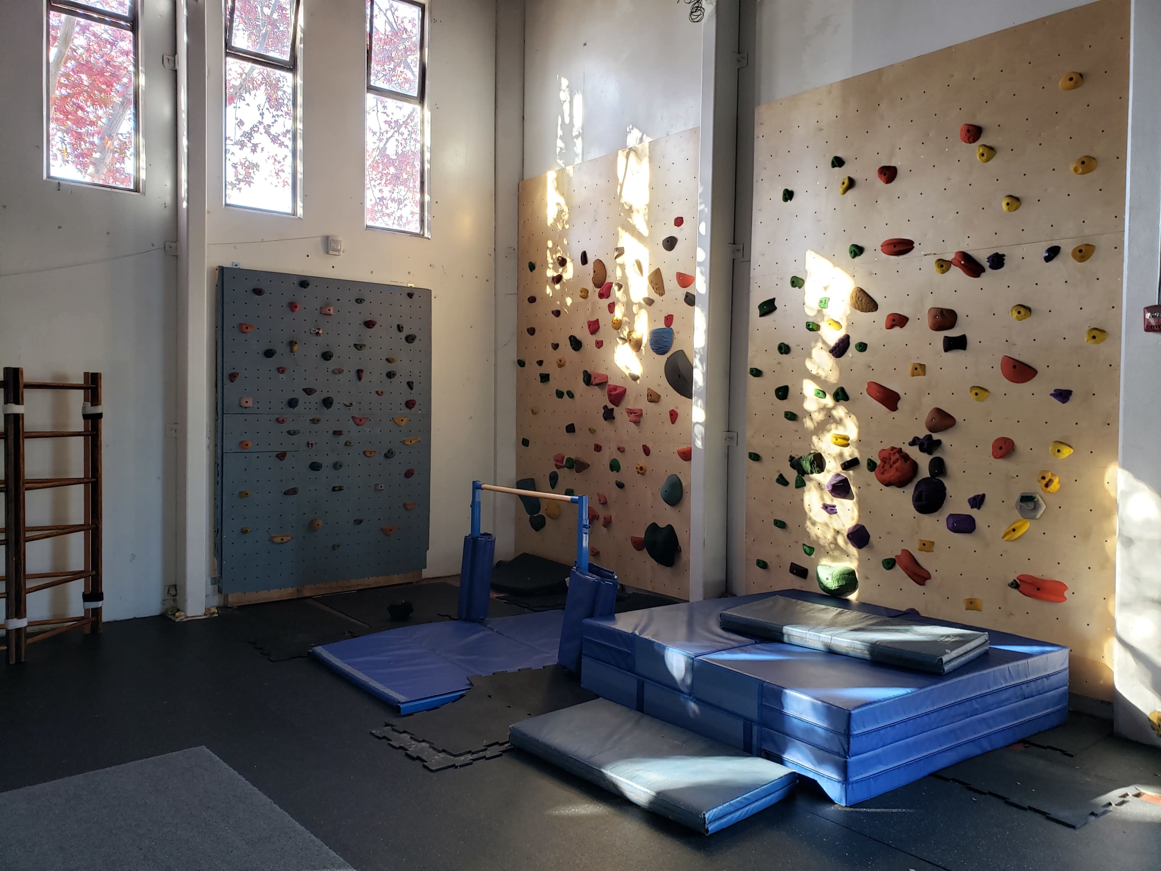 An indoor climbing gym featuring two bouldering walls with colorful holds, a safety mat area, and gymnastic rings.