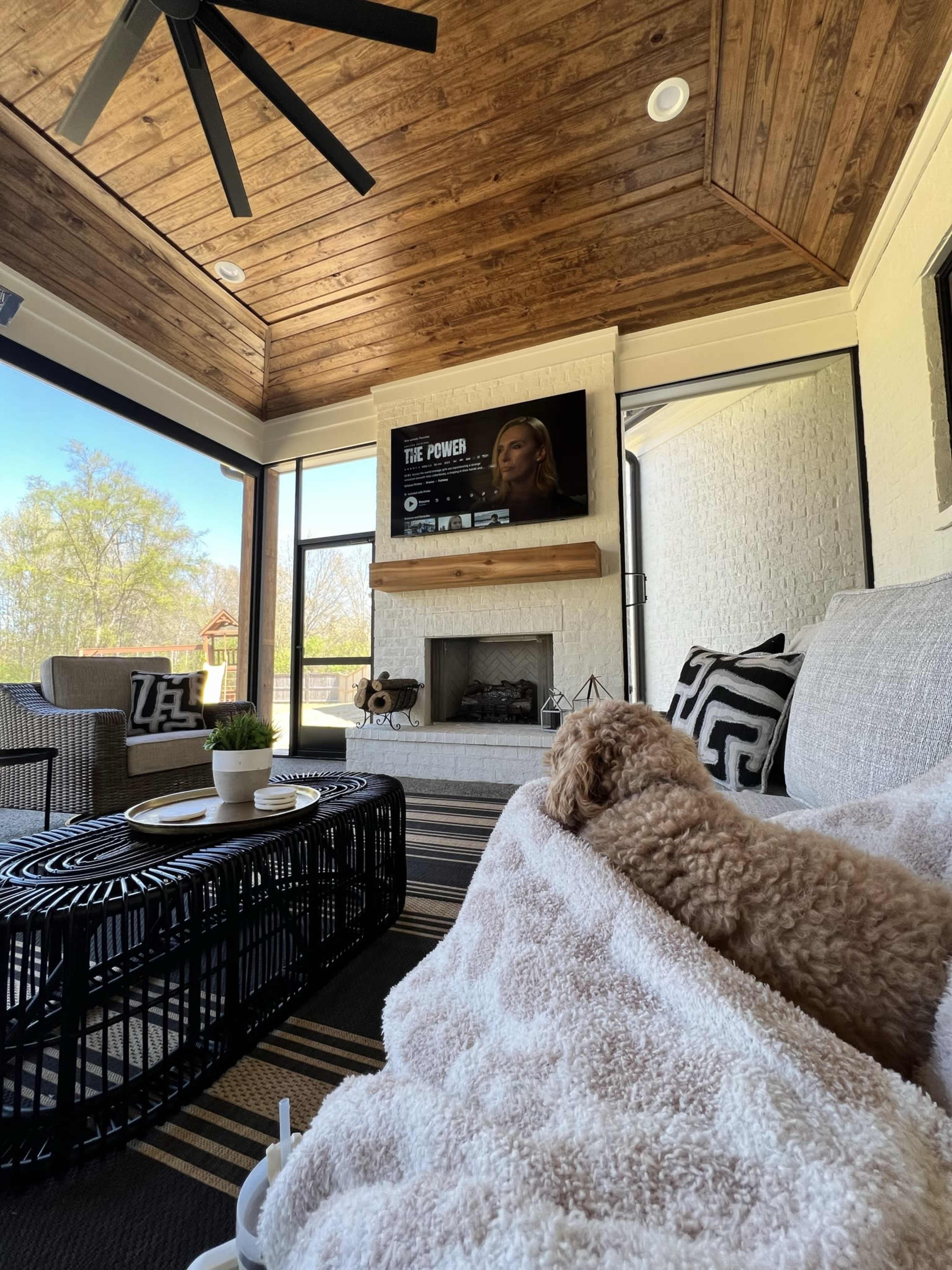 A cozy living area features a large TV mounted above a fireplace, with a dog lounging on a couch draped in a blanket, surrounded by modern furnishings.