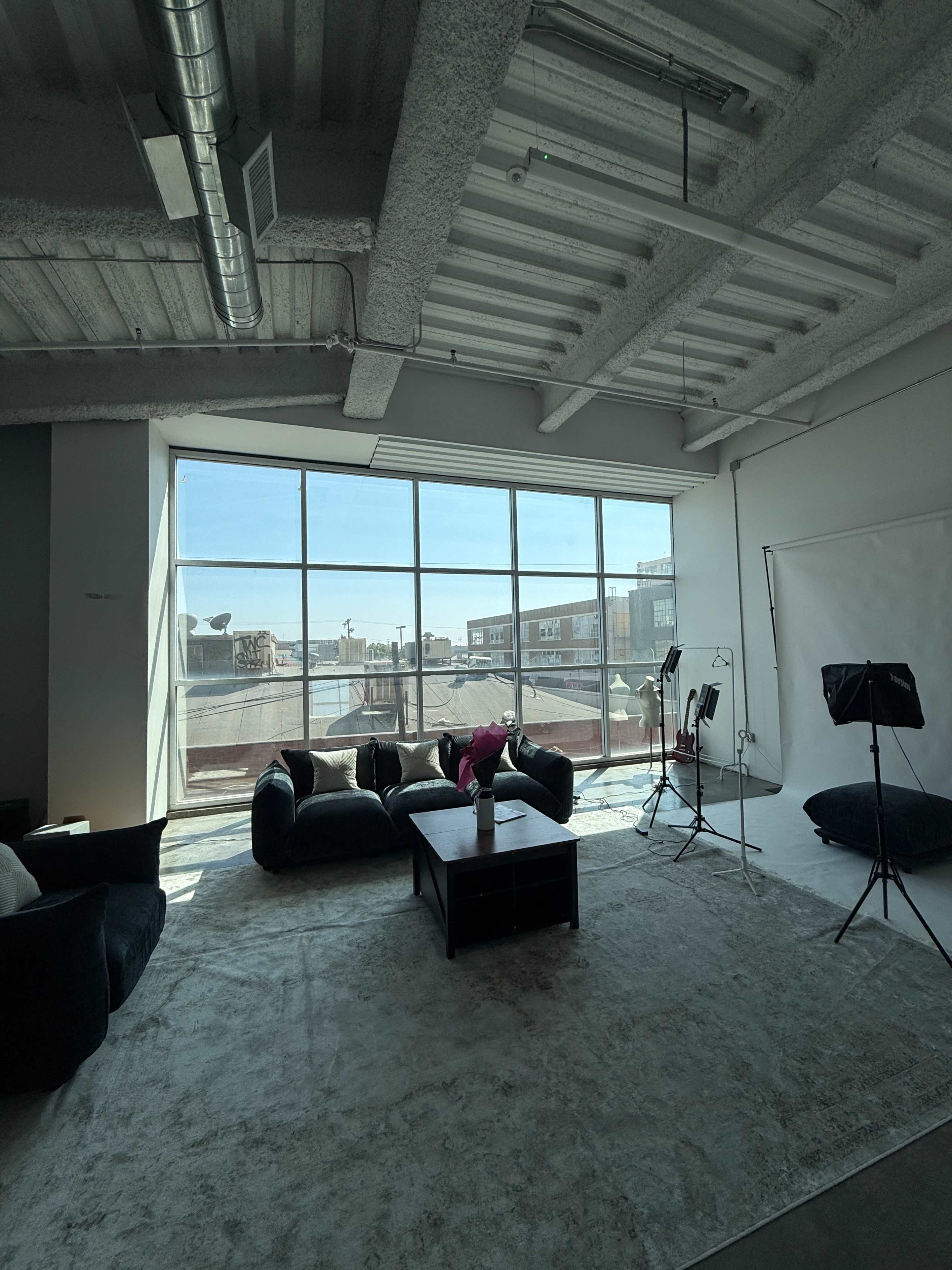 The image shows a modern living area with large windows, a coffee table, and seating arranged on a carpeted floor.