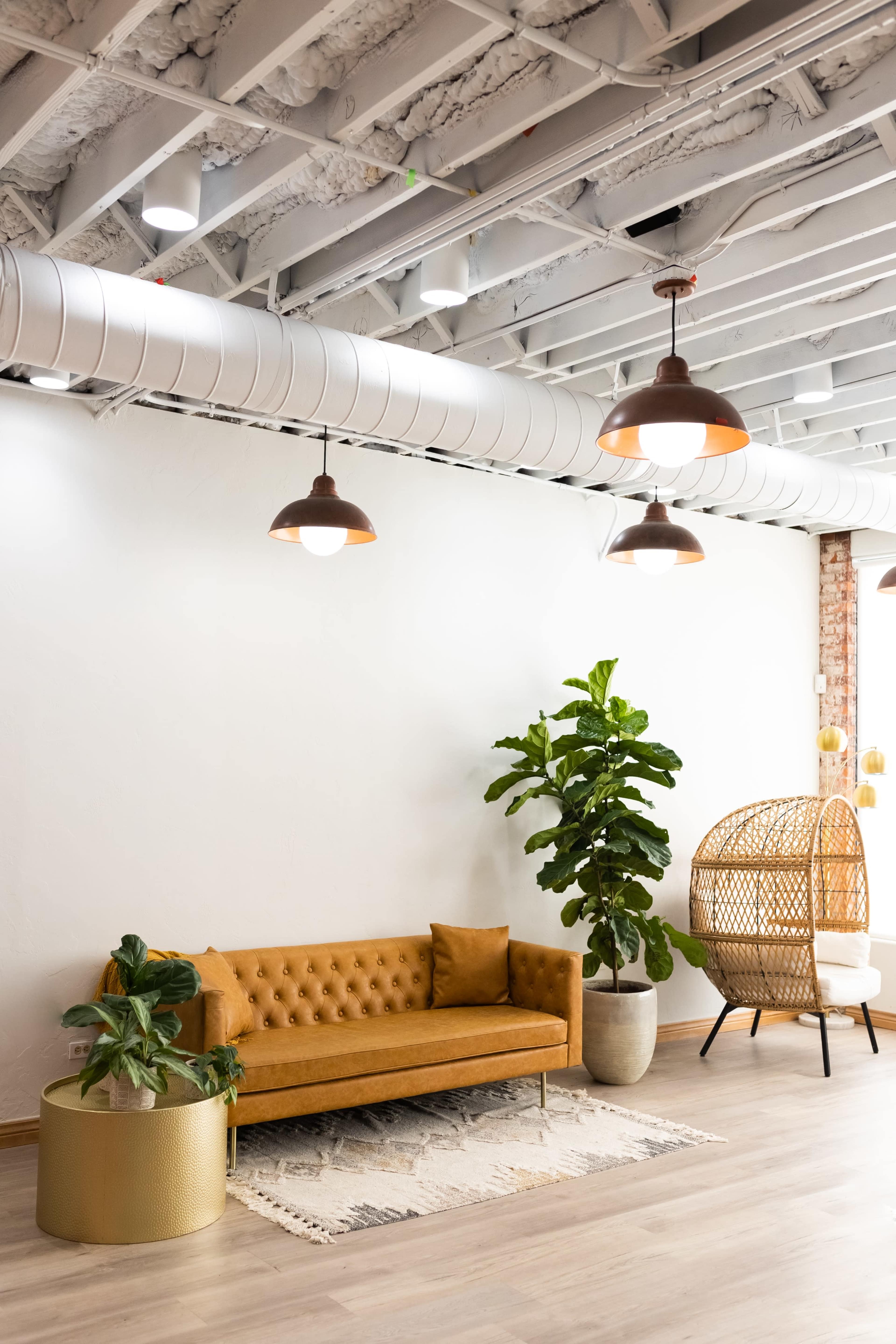 A modern interior space features a tan tufted sofa, a potted plant, a decorative round table, and a wicker chair under illuminated industrial-style ceiling lights.