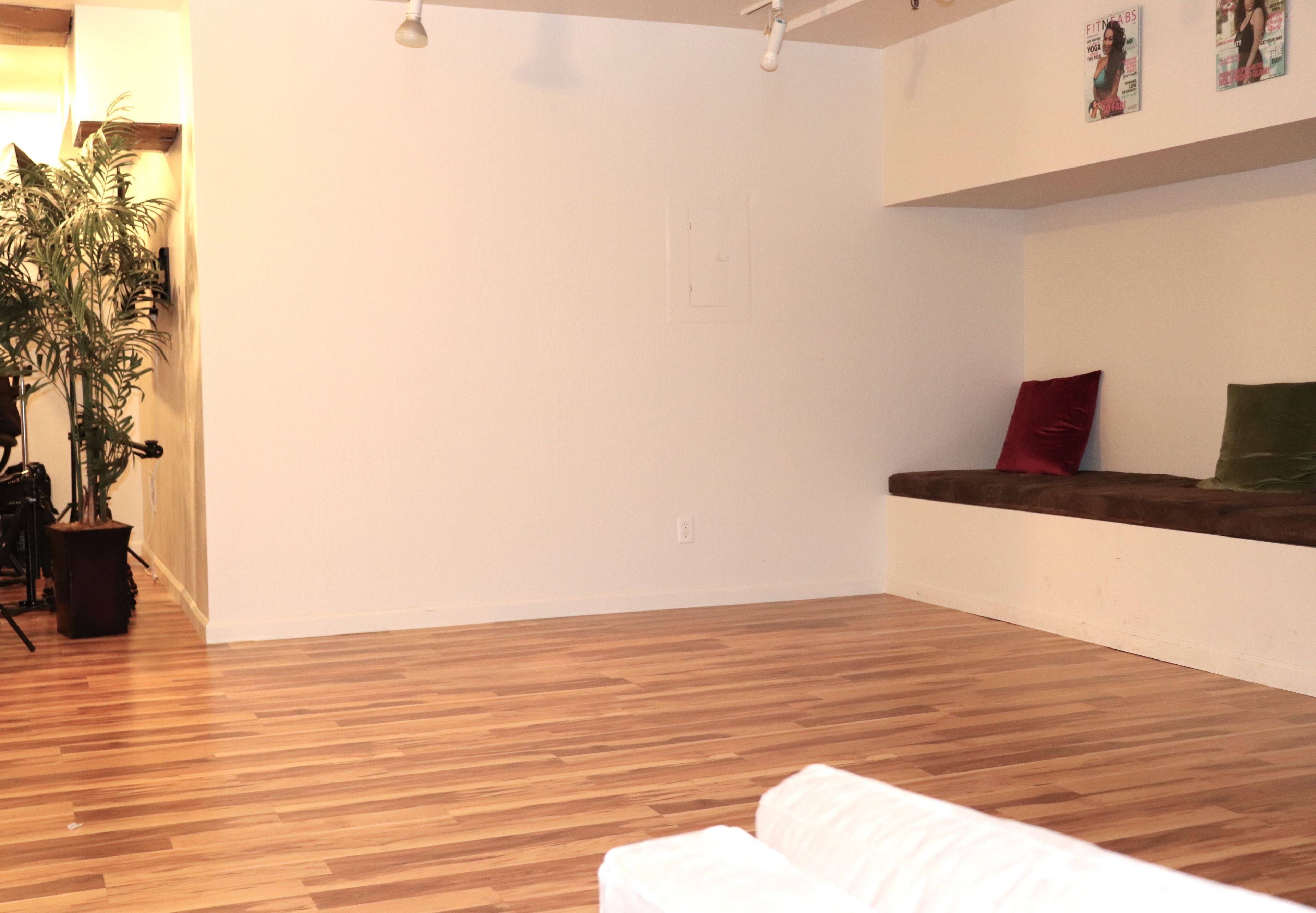 A minimalistic room with wooden flooring, a bench against the wall, and a small plant in the corner.