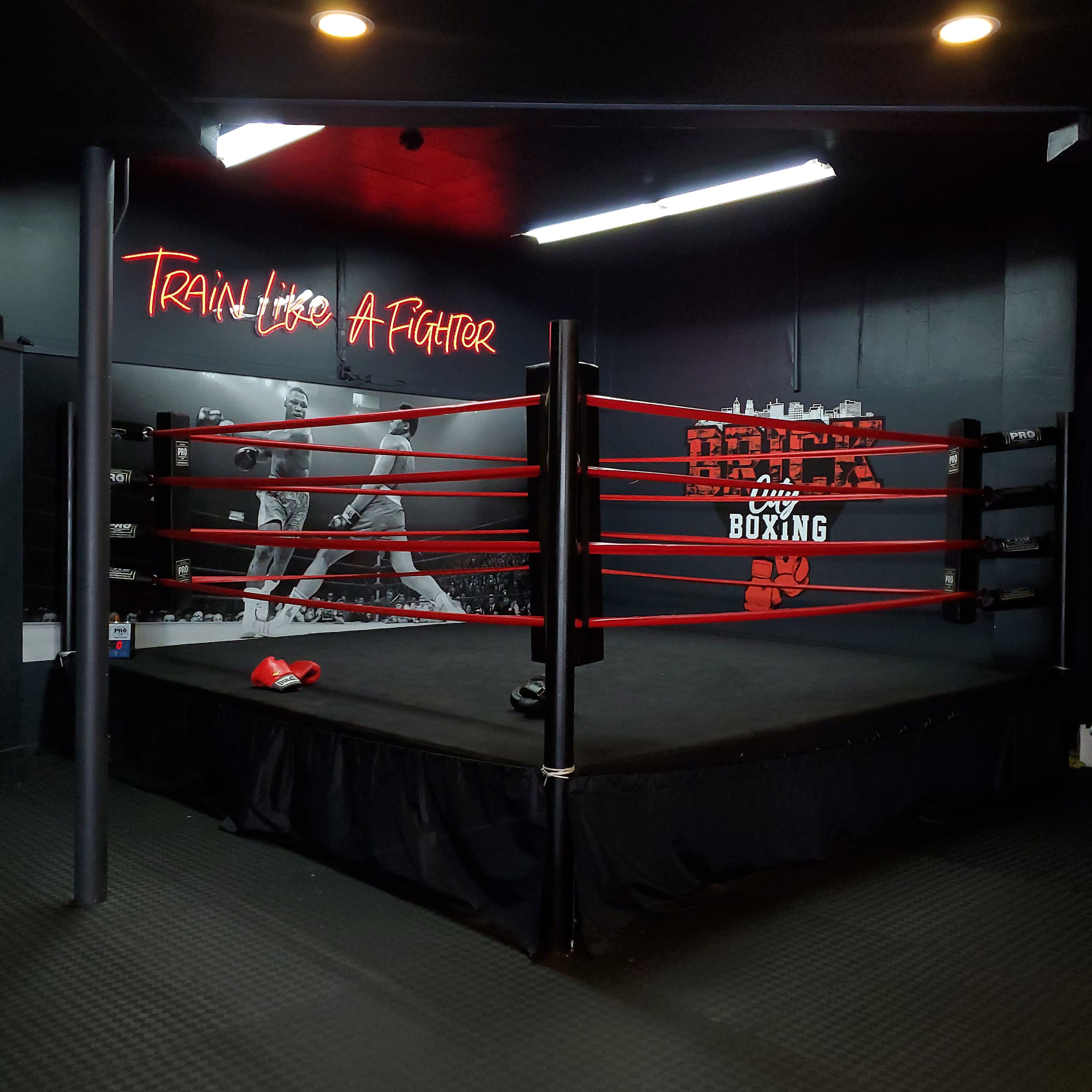 A boxing ring with red ropes is set against a black wall featuring a mural and the phrase "Train Like A Fighter" in neon lights.