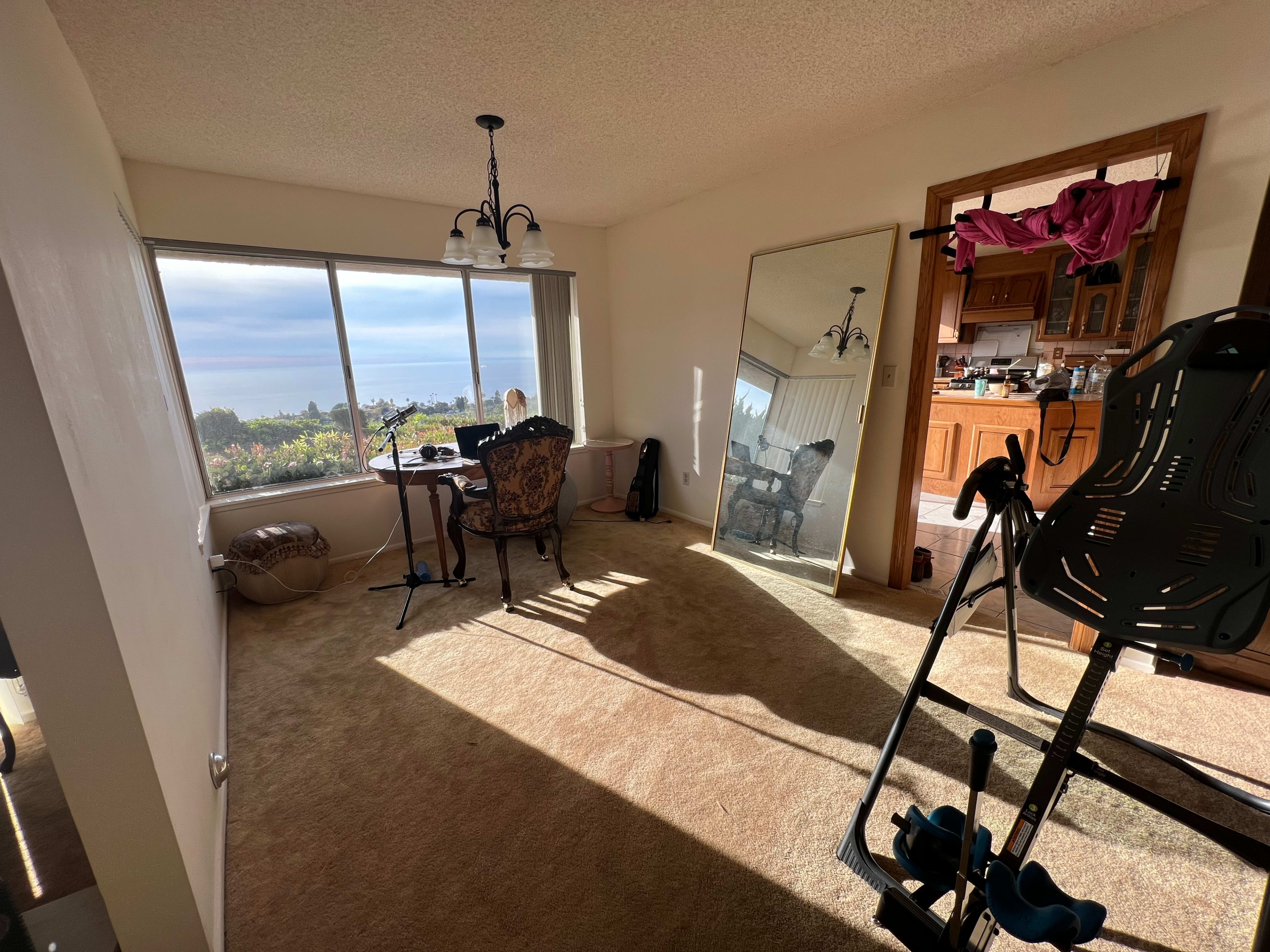 The room features a table and chair near a large window, a mirror on the wall, and exercise equipment in the corner.