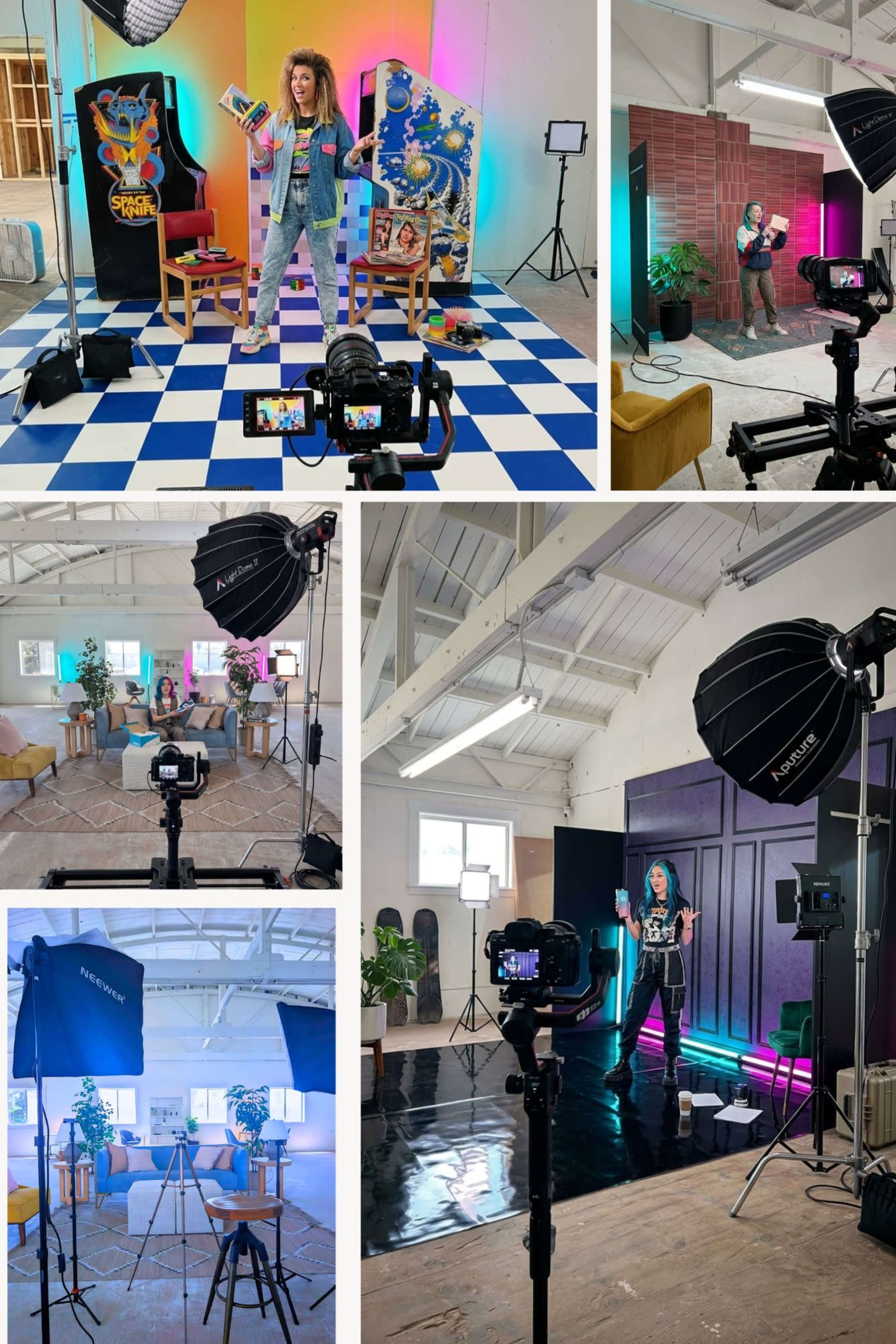 The image shows various setups for a photo or video shoot, featuring colorful backdrops, lighting equipment, and models in different poses across several scenes.