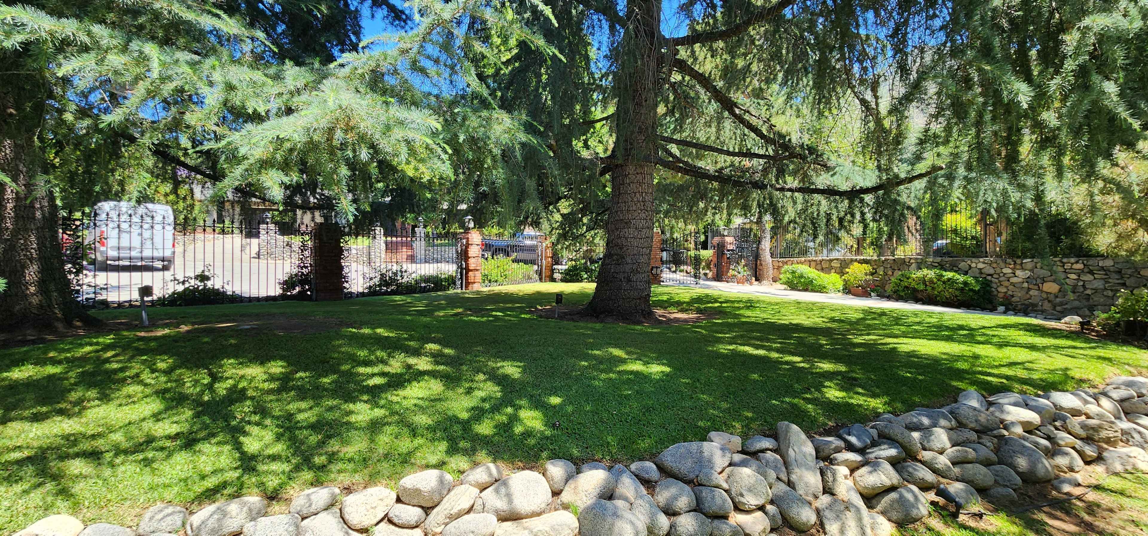 A grassy area is bordered by large rocks and shaded by tall trees in a landscaped garden.
