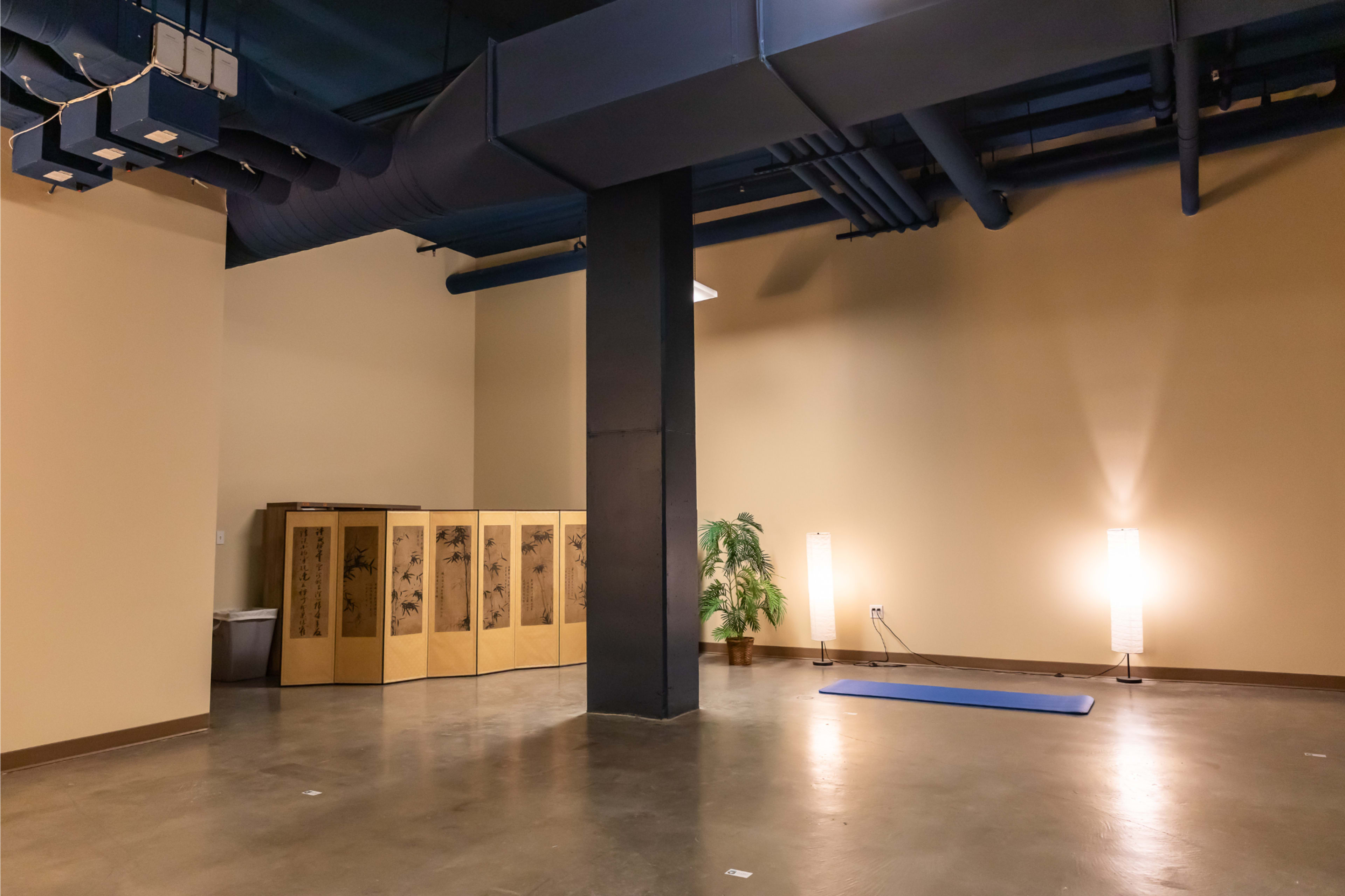 An empty room with a blue yoga mat on the floor, a large central column, a potted plant in the corner, and light fixtures along the walls.