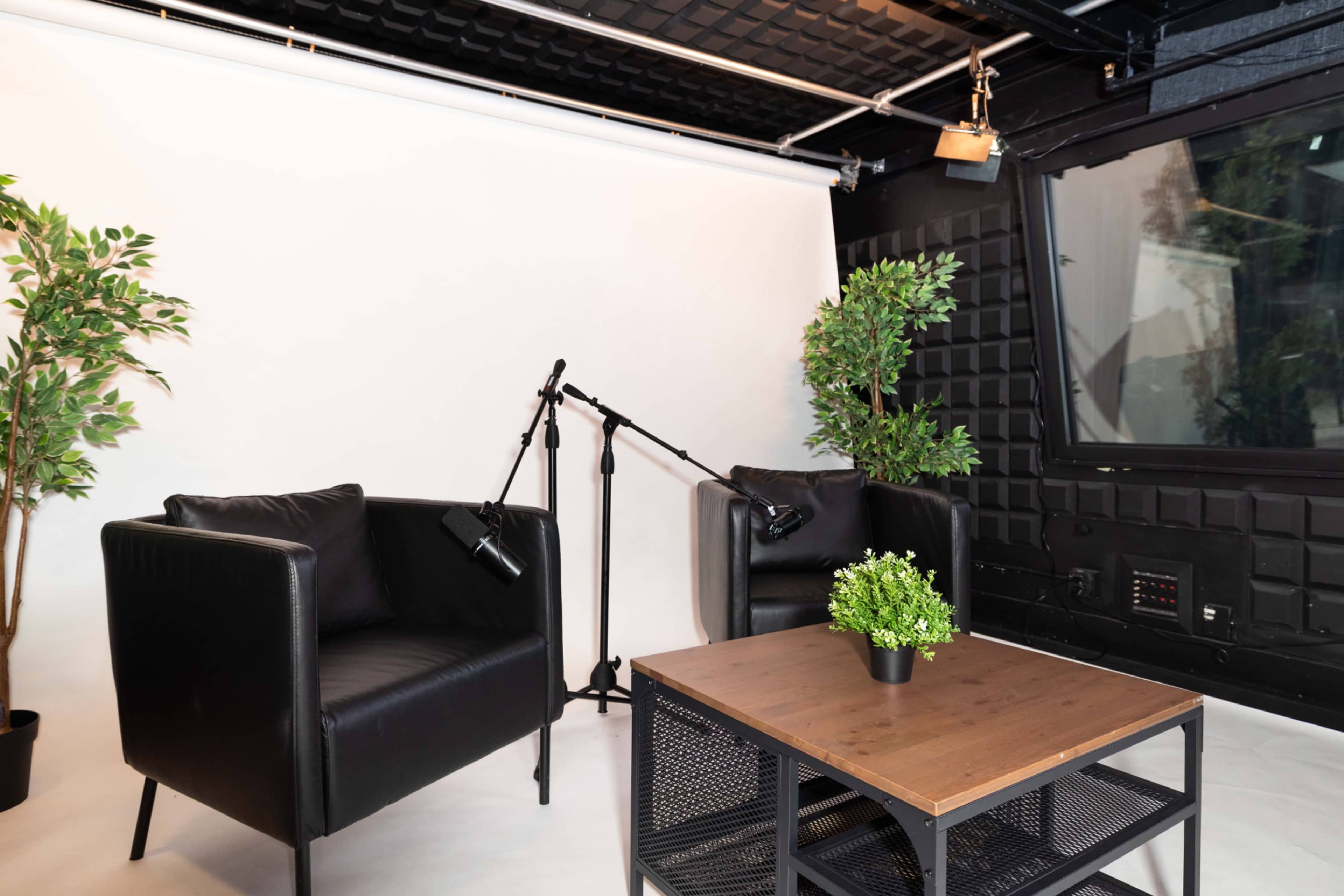 The image features a minimalist studio setup with two black armchairs, a wooden coffee table with a potted plant, and two microphone stands positioned between them, against a white backdrop.