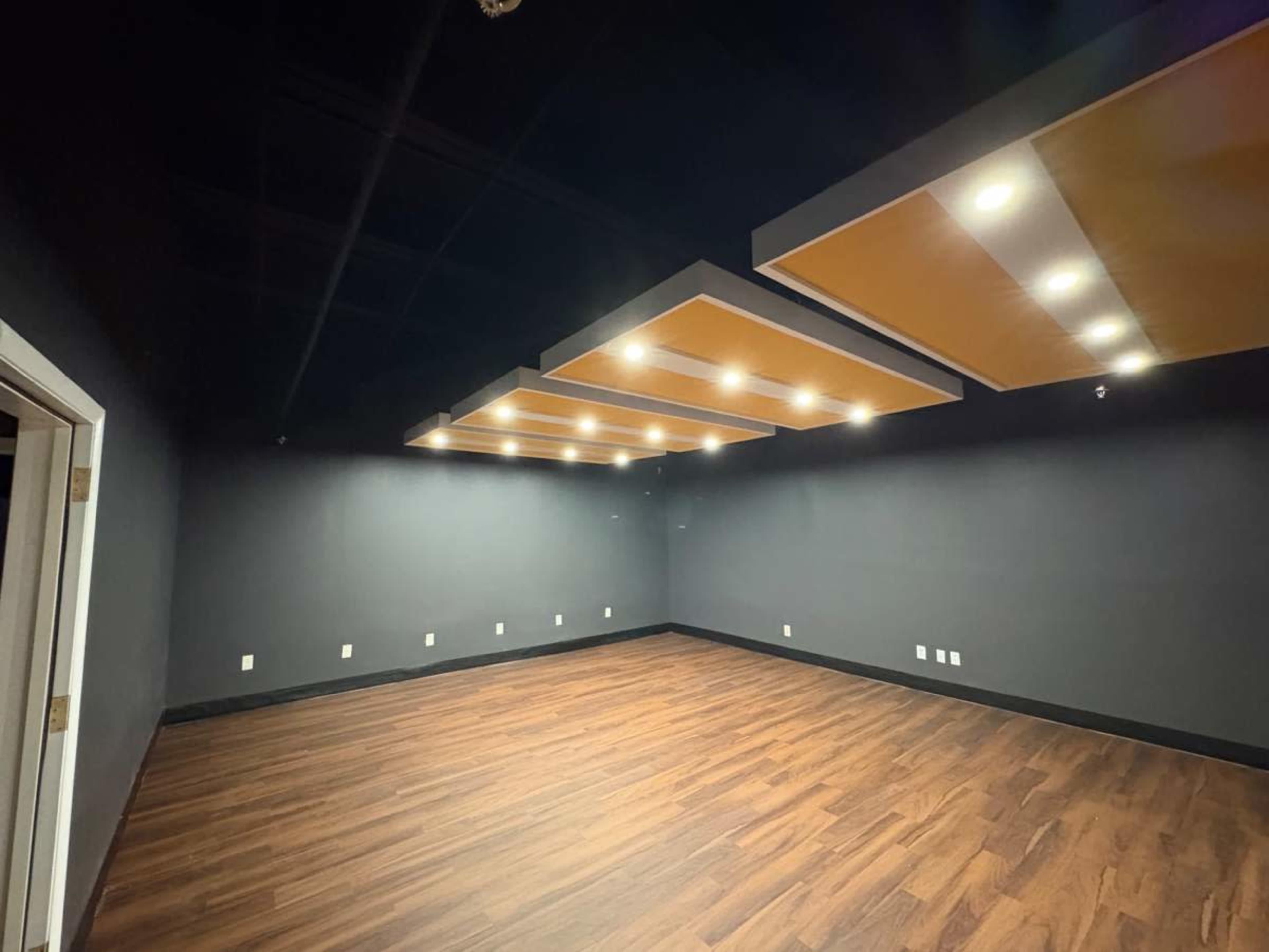 The image shows a spacious, empty room with dark walls, wooden flooring, and modern ceiling panels featuring integrated lighting.