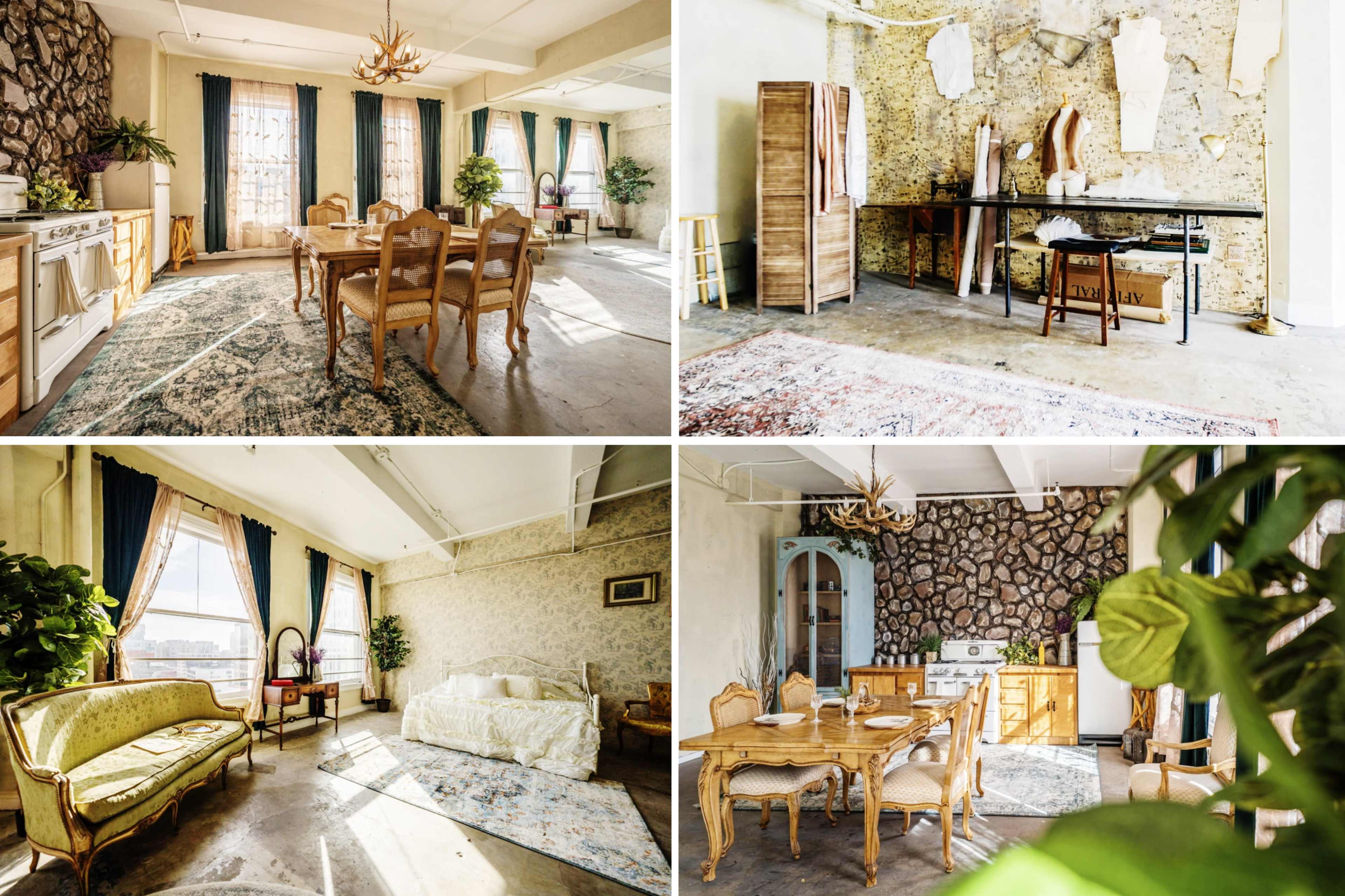 Four distinct views of a spacious, well-lit interior featuring vintage furniture, exposed stone walls, and decorative rugs.