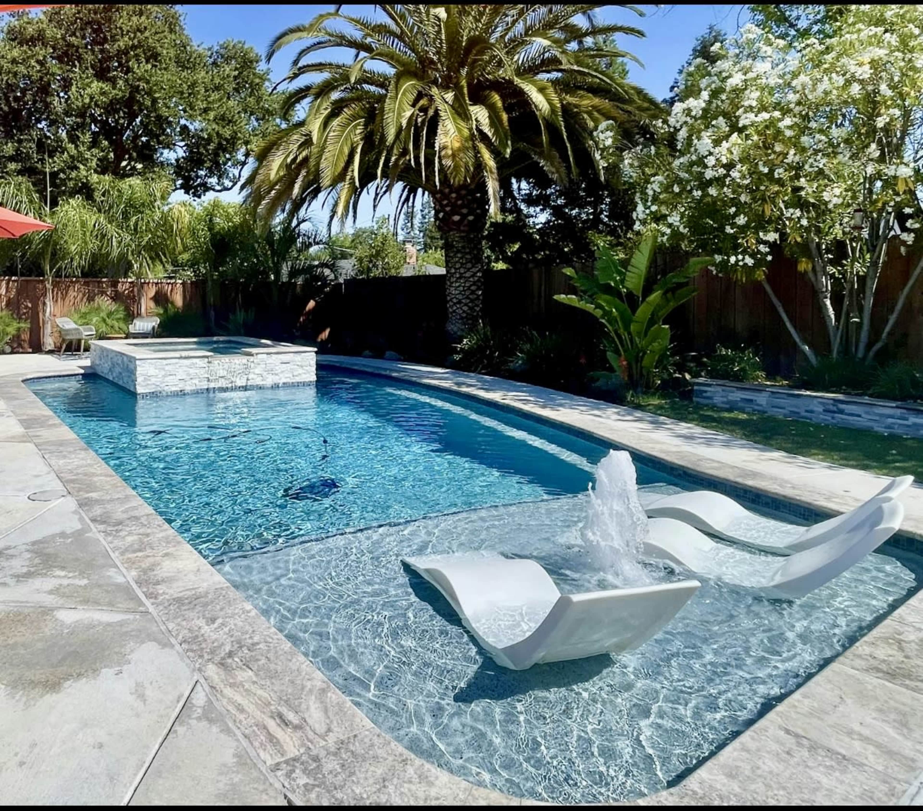 The image shows a swimming pool surrounded by tropical plants and a palm tree, featuring a raised spa section with a water fountain and modern lounge chairs in the water.