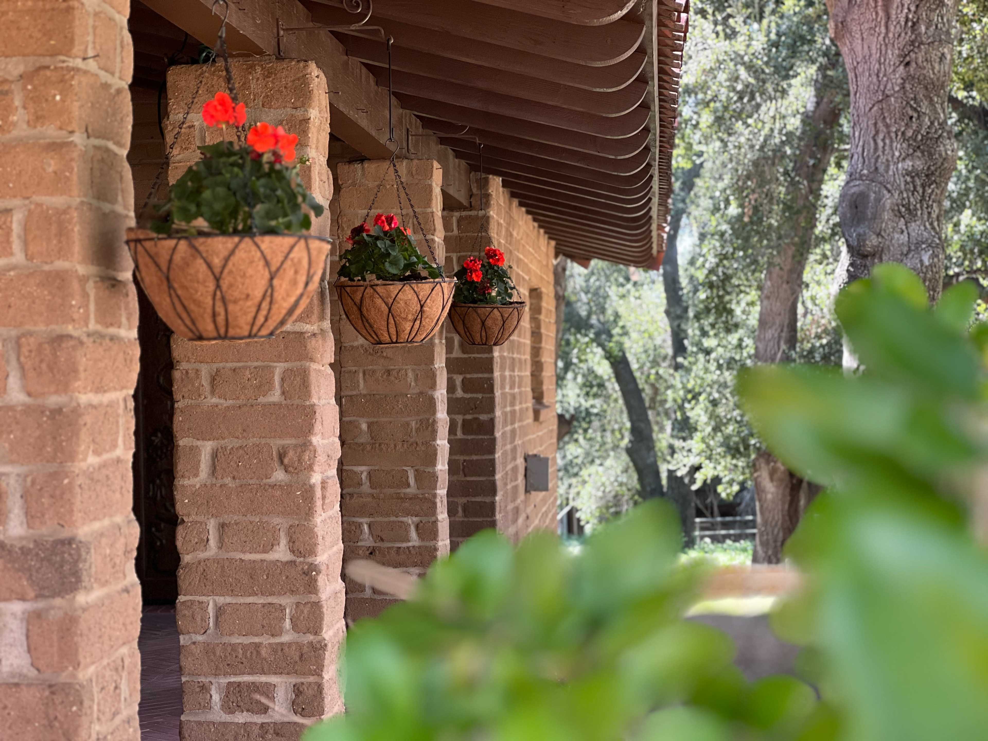 Hanging flower pots with red flowers are lined along a brick porch under a shaded roof.