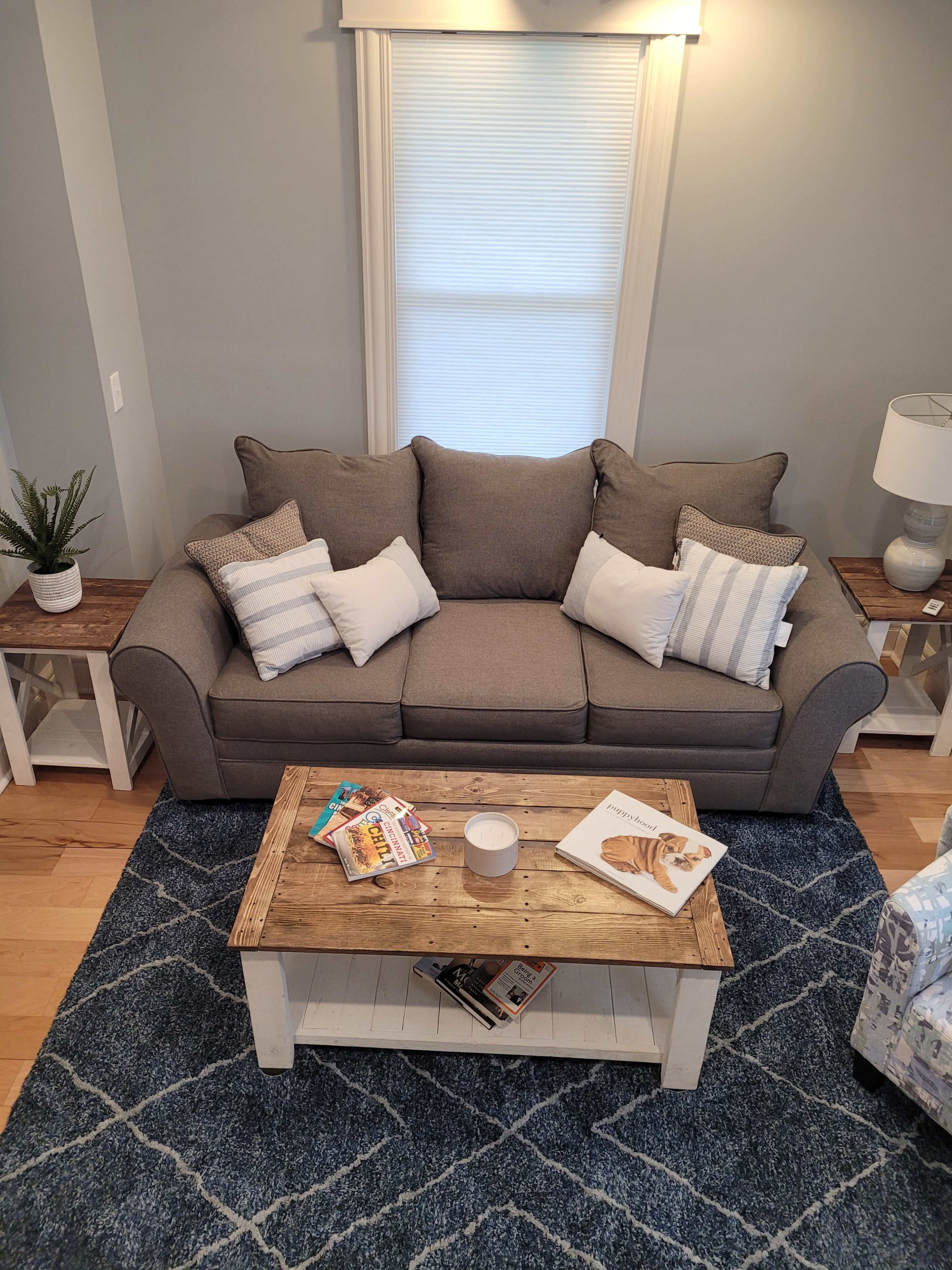 A living room with a gray couch, a wooden coffee table displaying magazines, and a patterned blue rug.