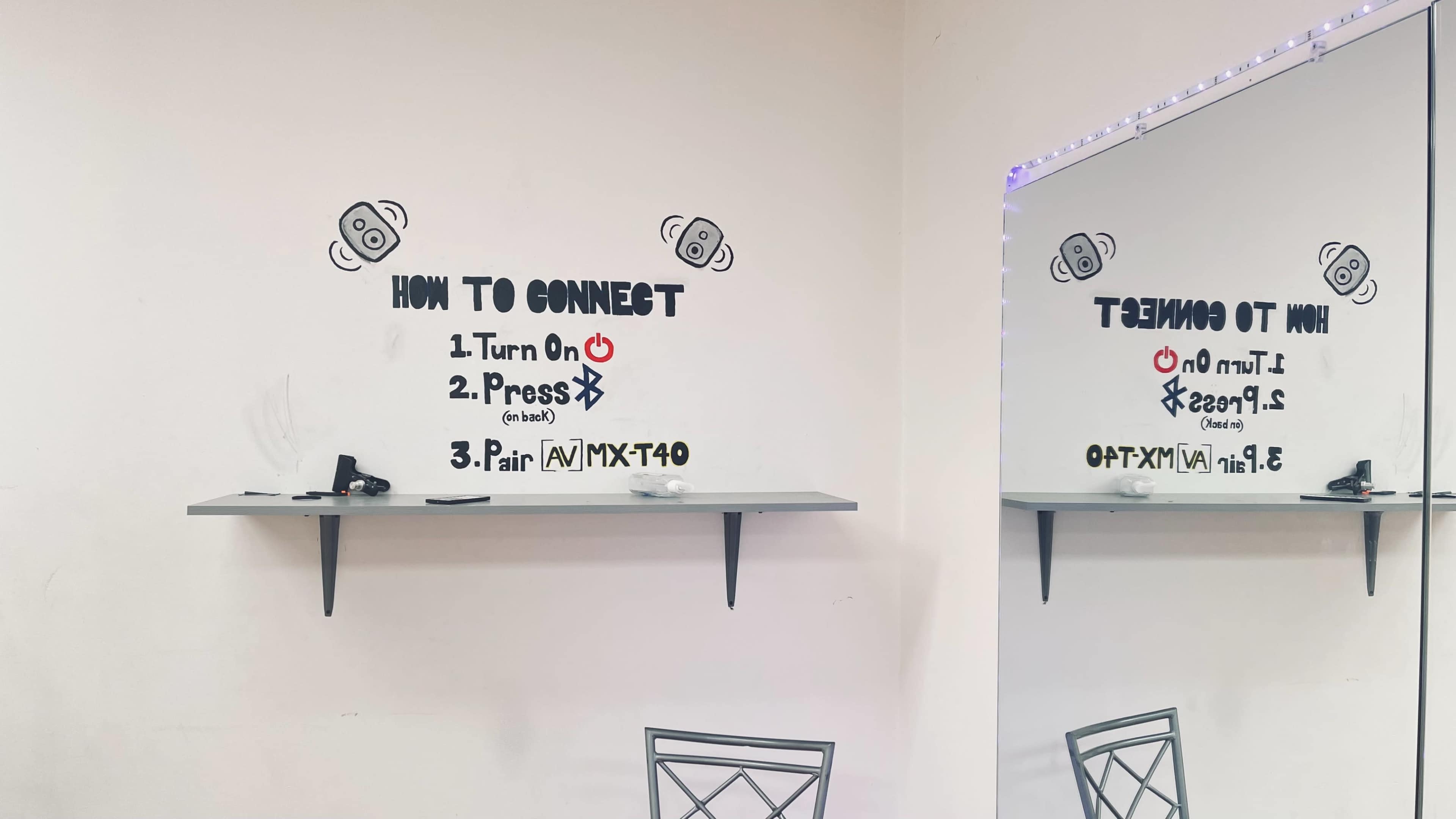 A wall with instructions on how to connect a device, along with a mirror reflecting the scene.