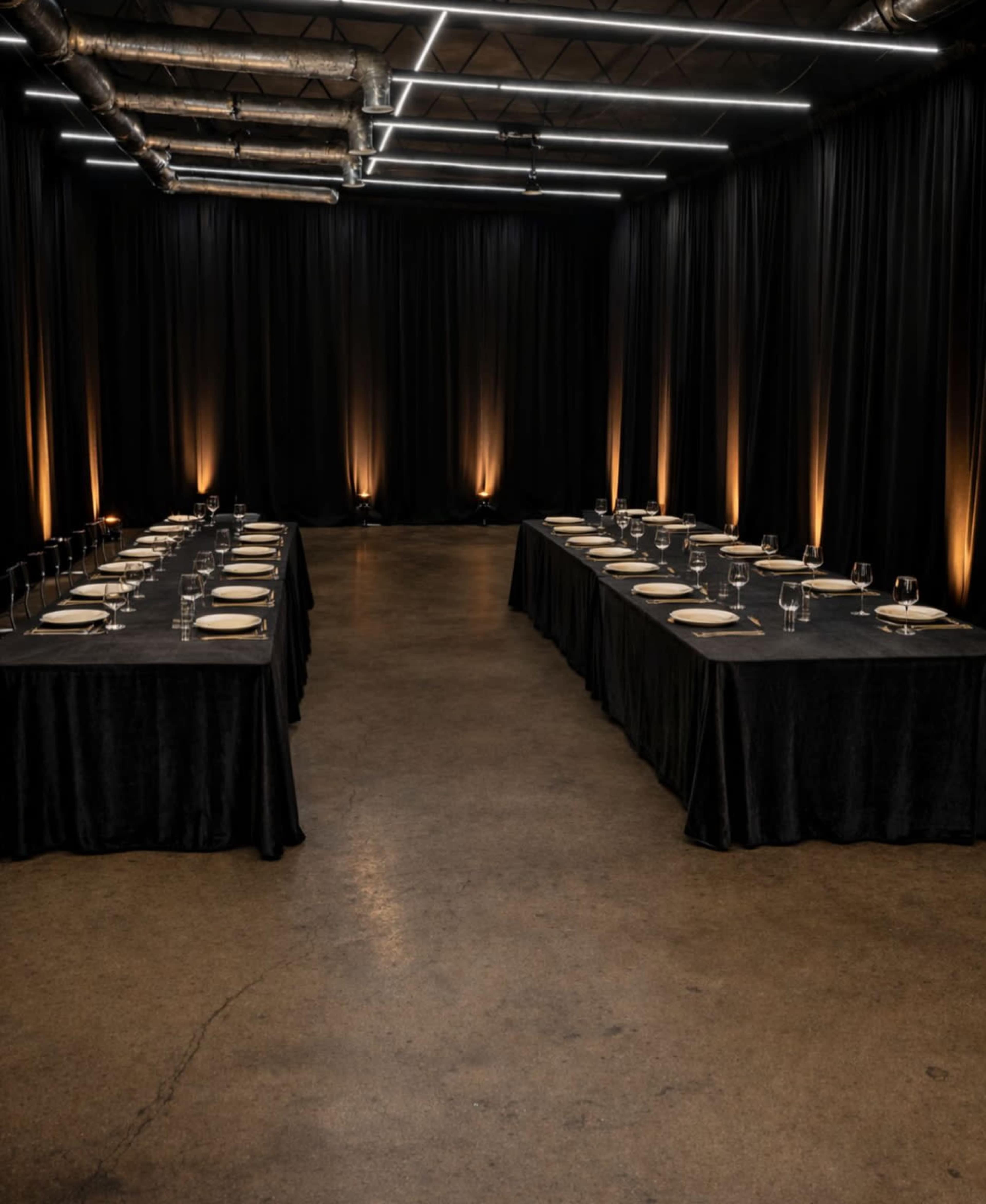 The image shows a dimly lit room set up with two long tables covered in black cloth and arranged with plates and glasses for a formal dining event.