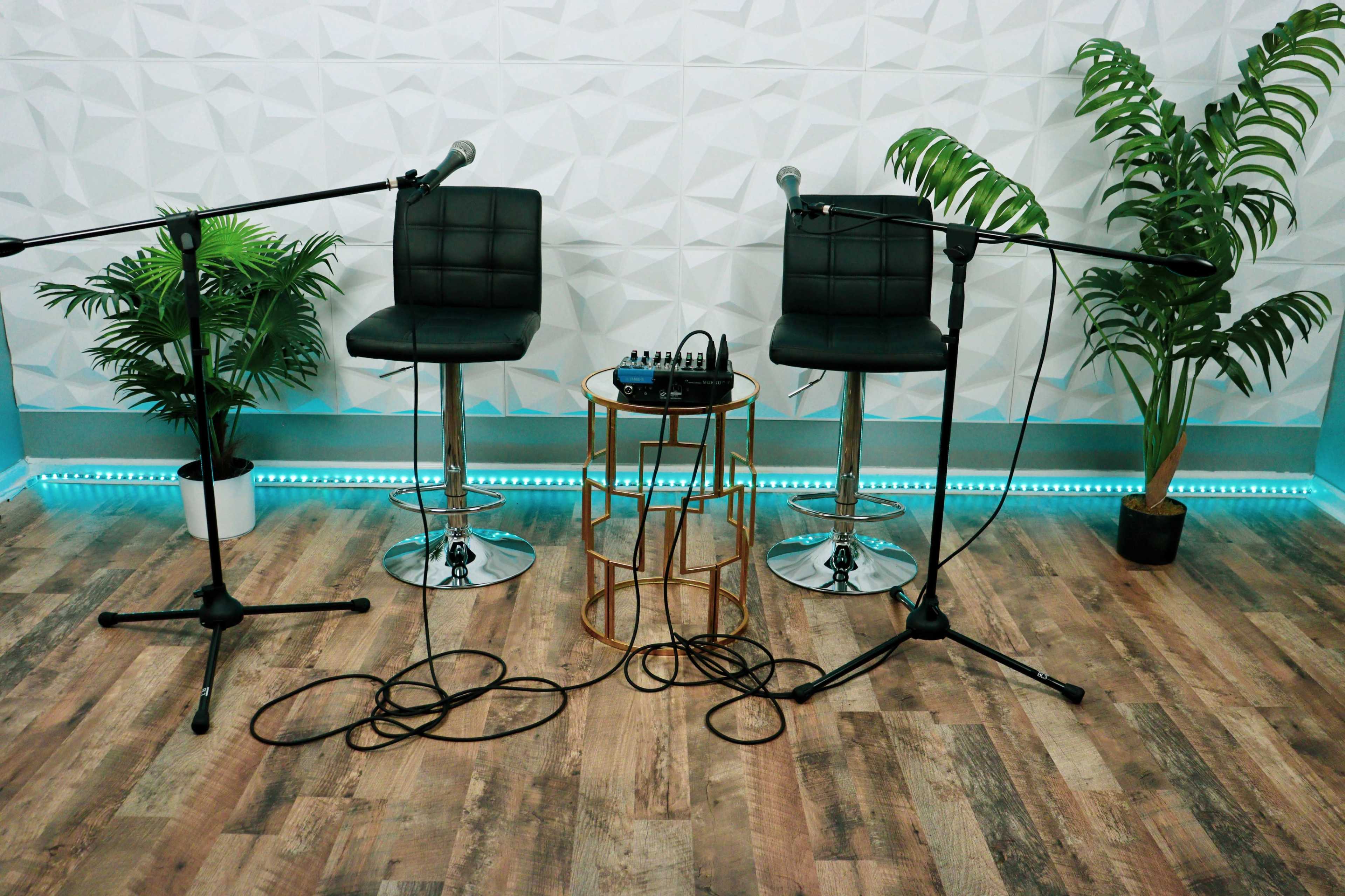 Two black bar stools with microphones on stands, a small gold table in the center with audio equipment, and potted plants in a modern studio setting.