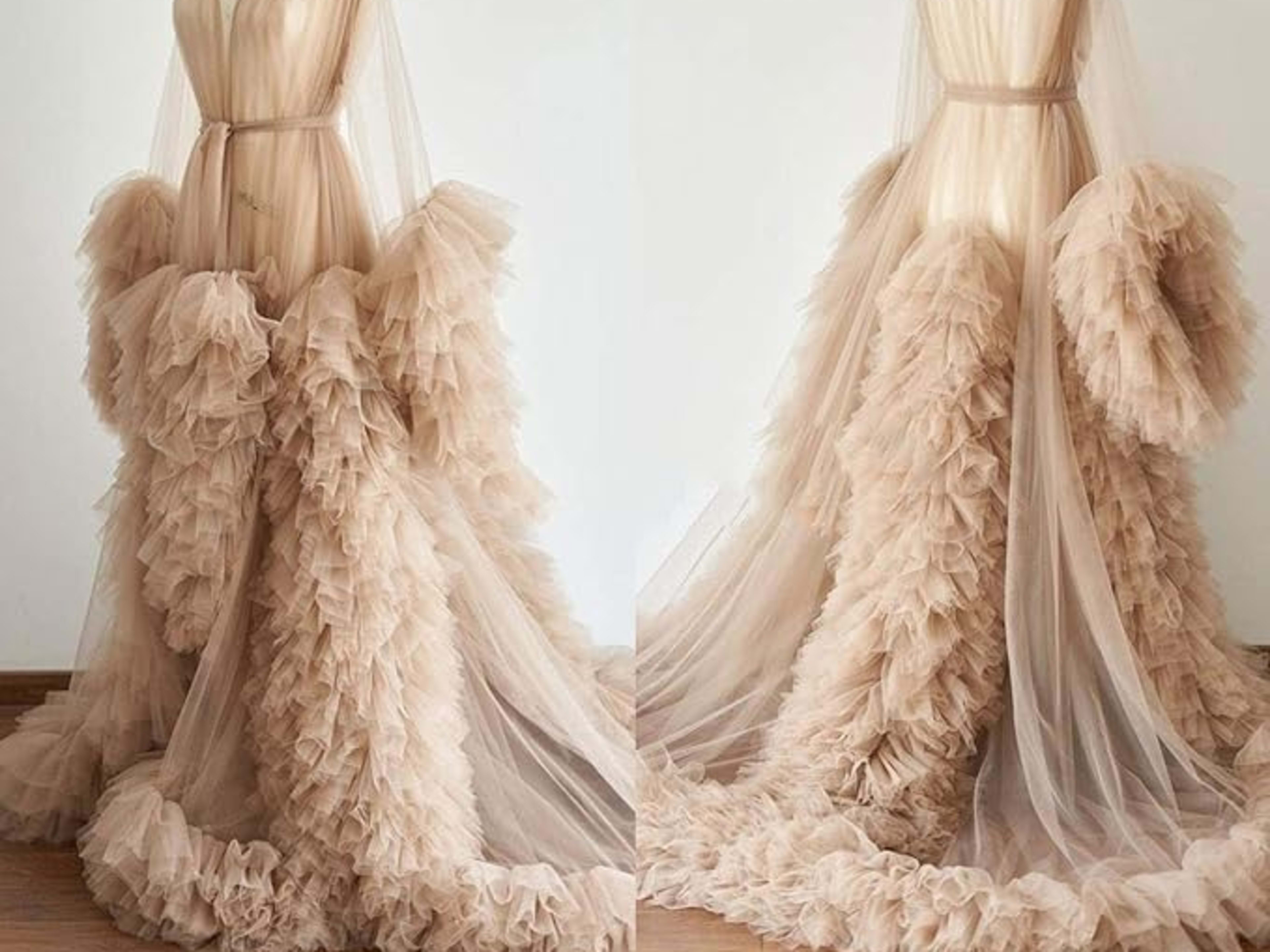 Beige Sheer Long Robe Tulle ( Maternity, Glam)