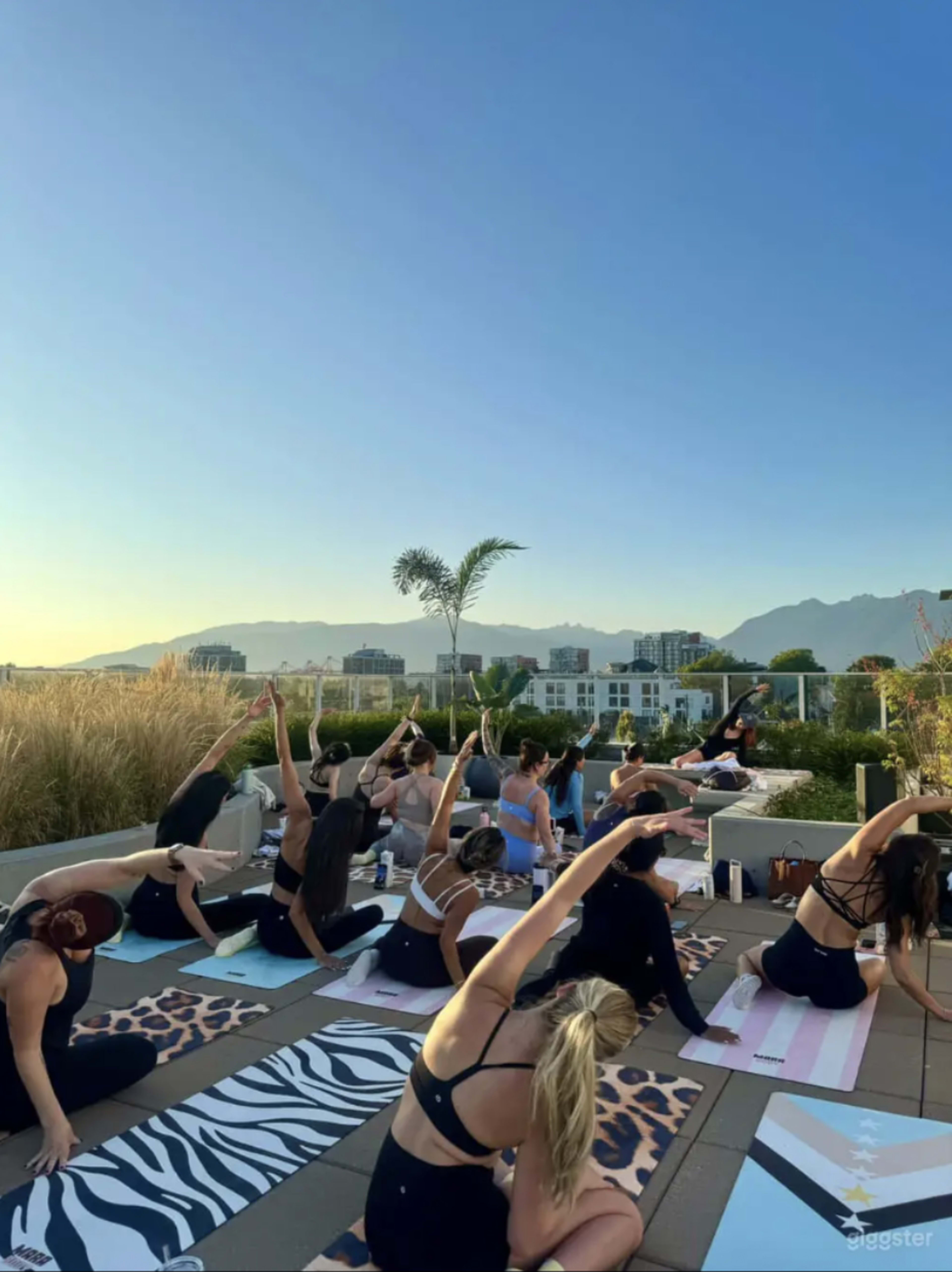 A group of individuals participates in a yoga class on a rooftop with a clear sky and mountains in the background.