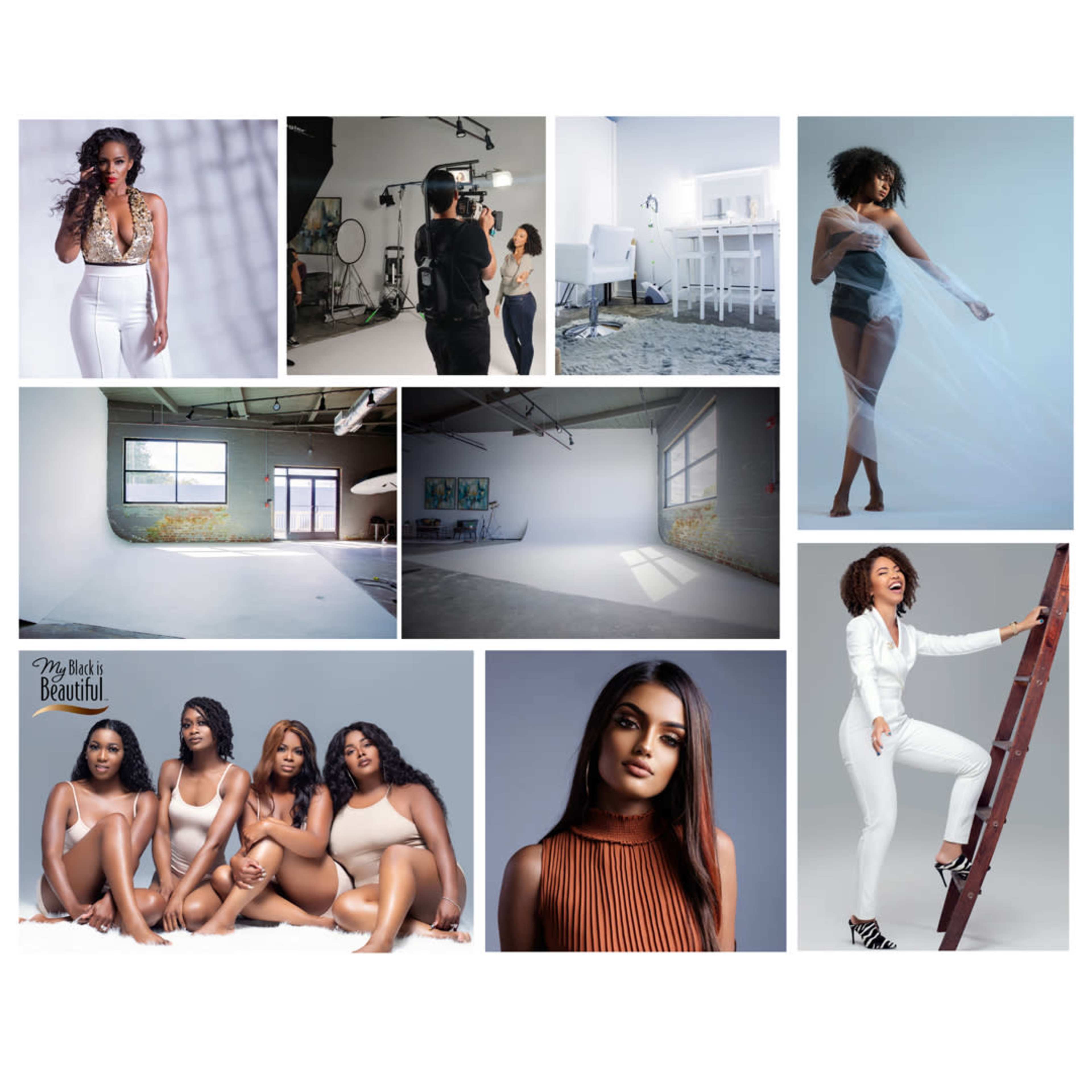 The image features a collage of diverse women posing in various studio settings, showcasing different styles and themes of photography.
