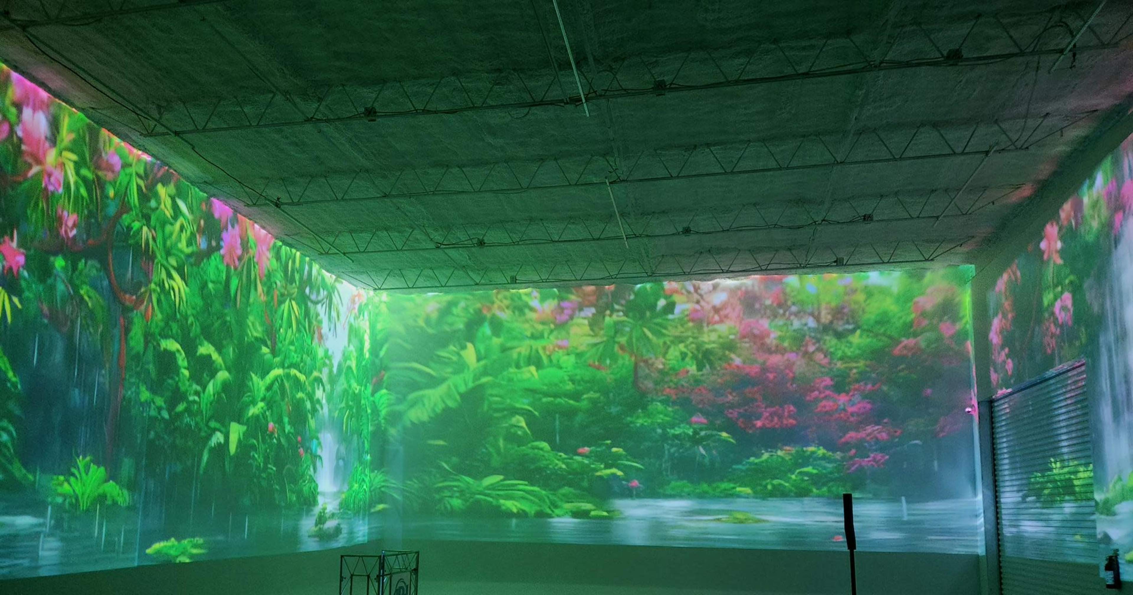 The interior of a room is illuminated with vibrant projections of a tropical landscape featuring lush greenery and flowing water.