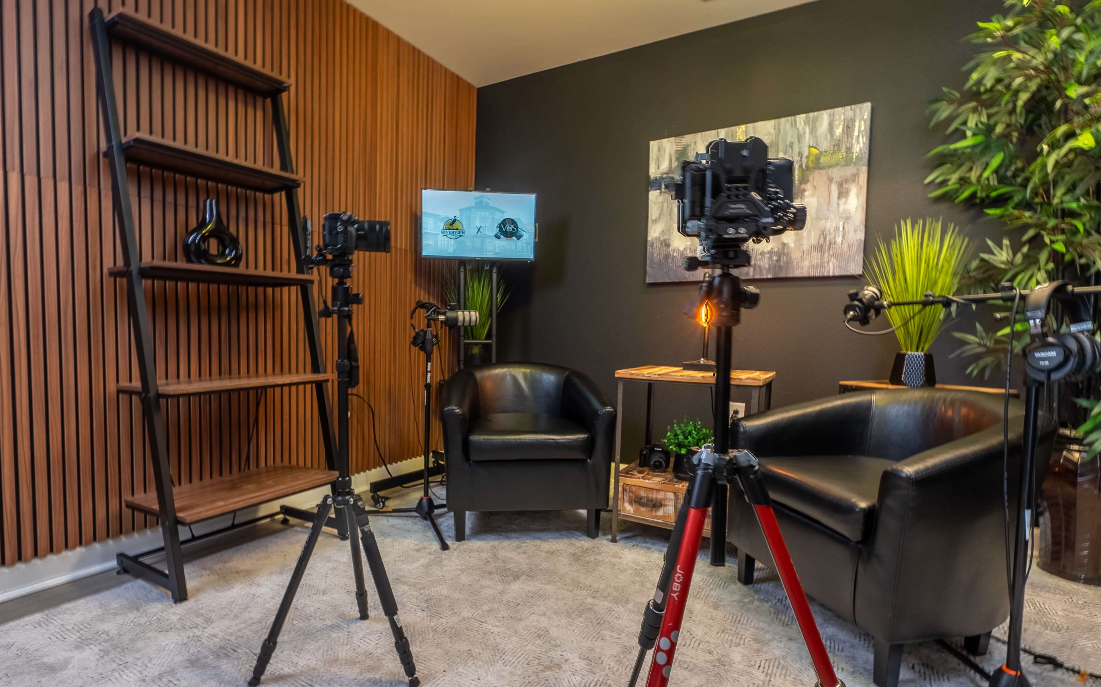 A well-equipped video recording setup with two black chairs, a wooden table, a television, and various cameras on tripods in a room featuring wood paneling and plants.