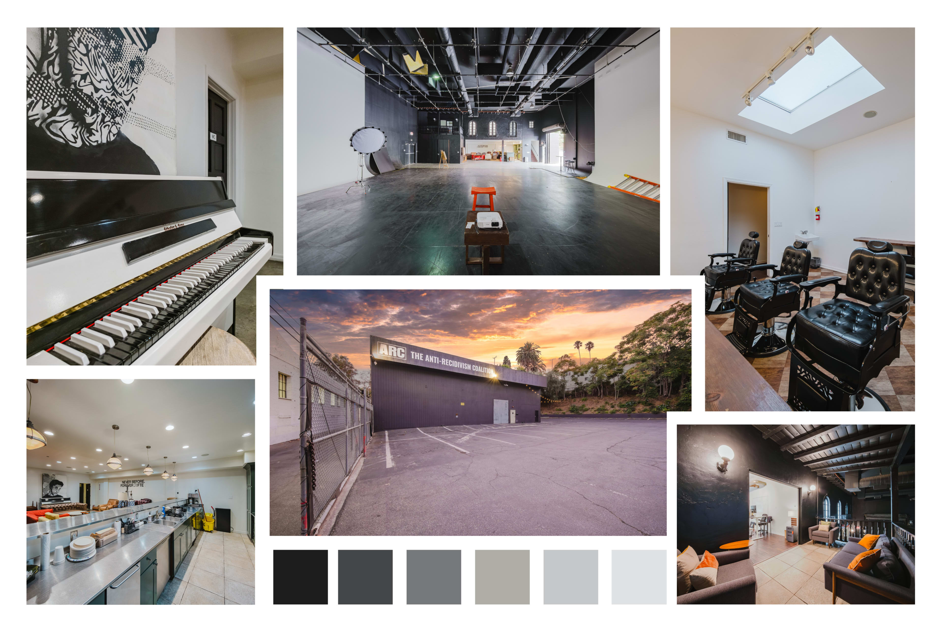 The image showcases a collage of various interior and exterior scenes, including a performance space with a stage, a cozy café kitchen, a parking area with a mural, and sitting areas featuring vintage furniture.