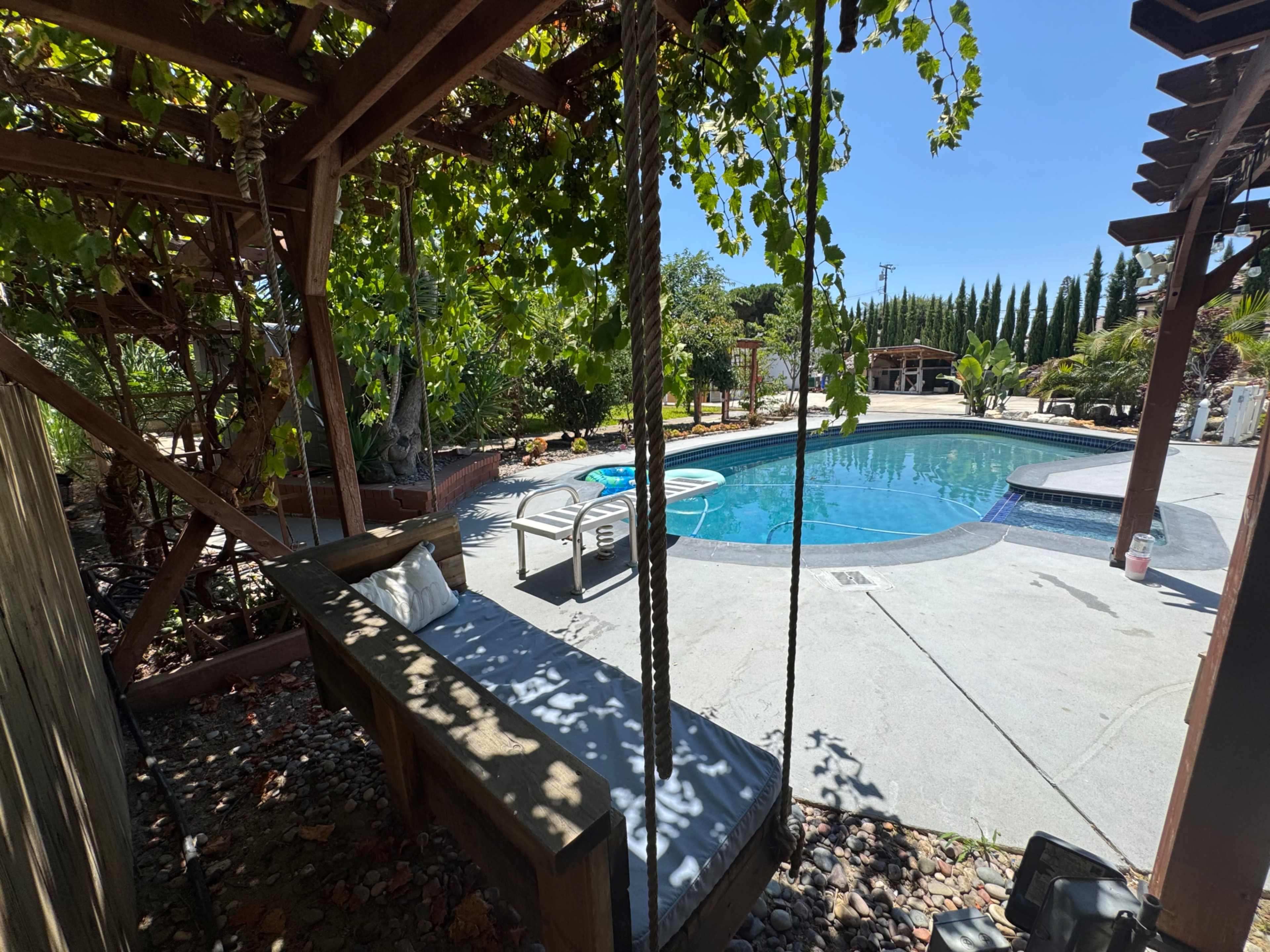 A wooden swing hangs beside a swimming pool surrounded by greenery and lounge chairs.