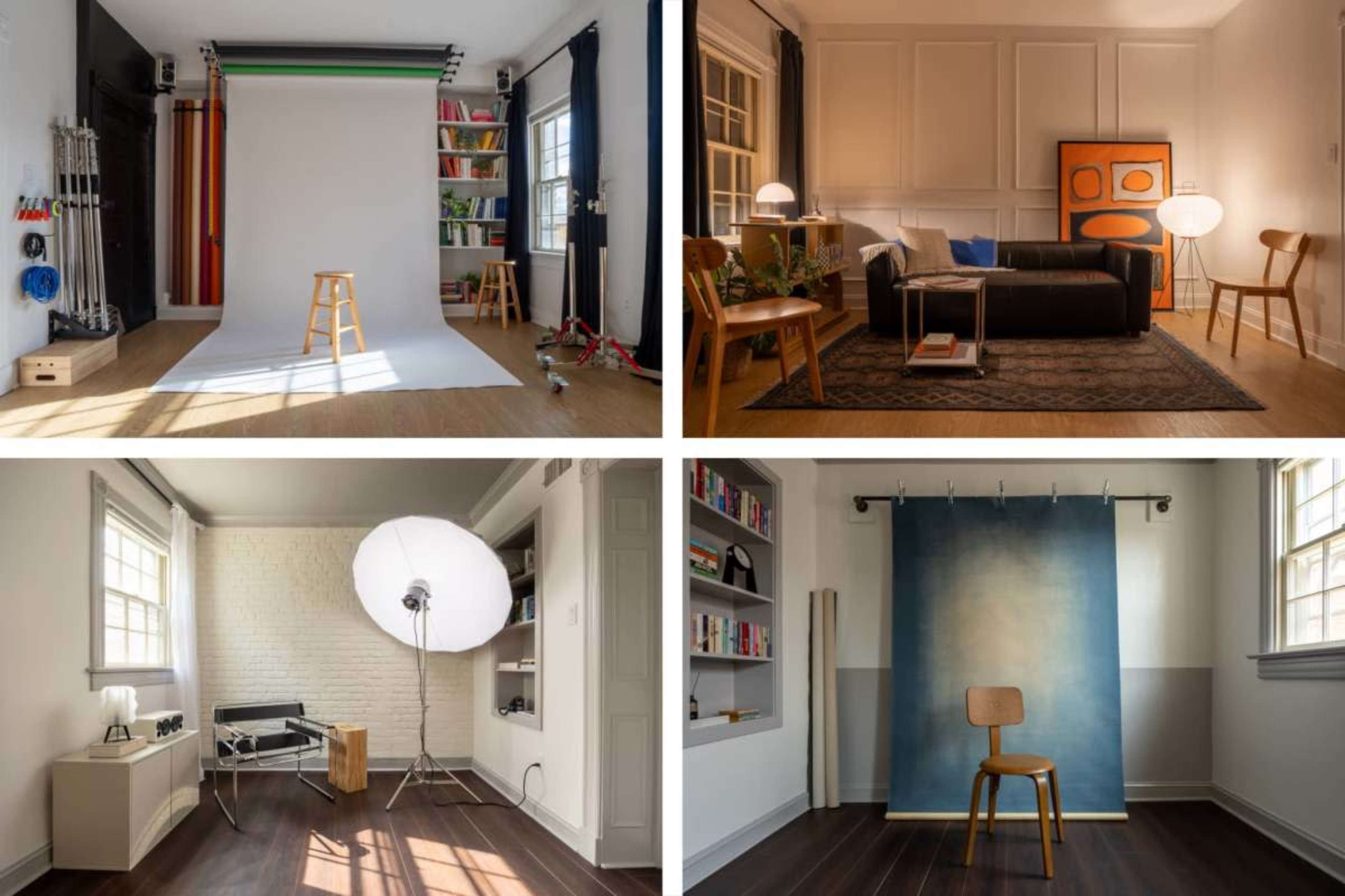 The image shows four different photography studio setups, featuring various backdrops, furniture arrangements, and lighting equipment.