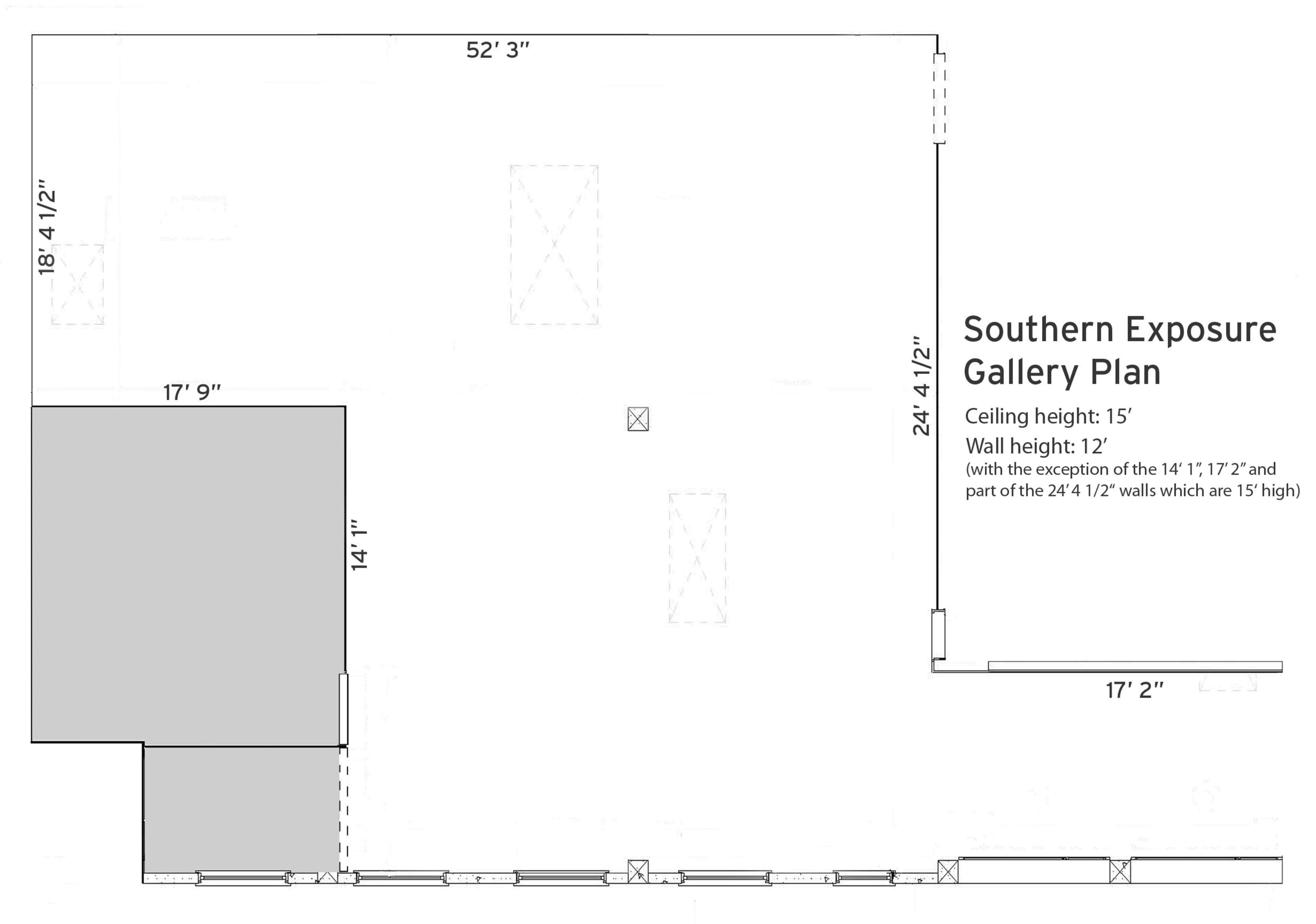 A floor plan of the Southern Exposure Gallery, showing dimensions for the ceiling and wall heights, as well as specific room measurements.