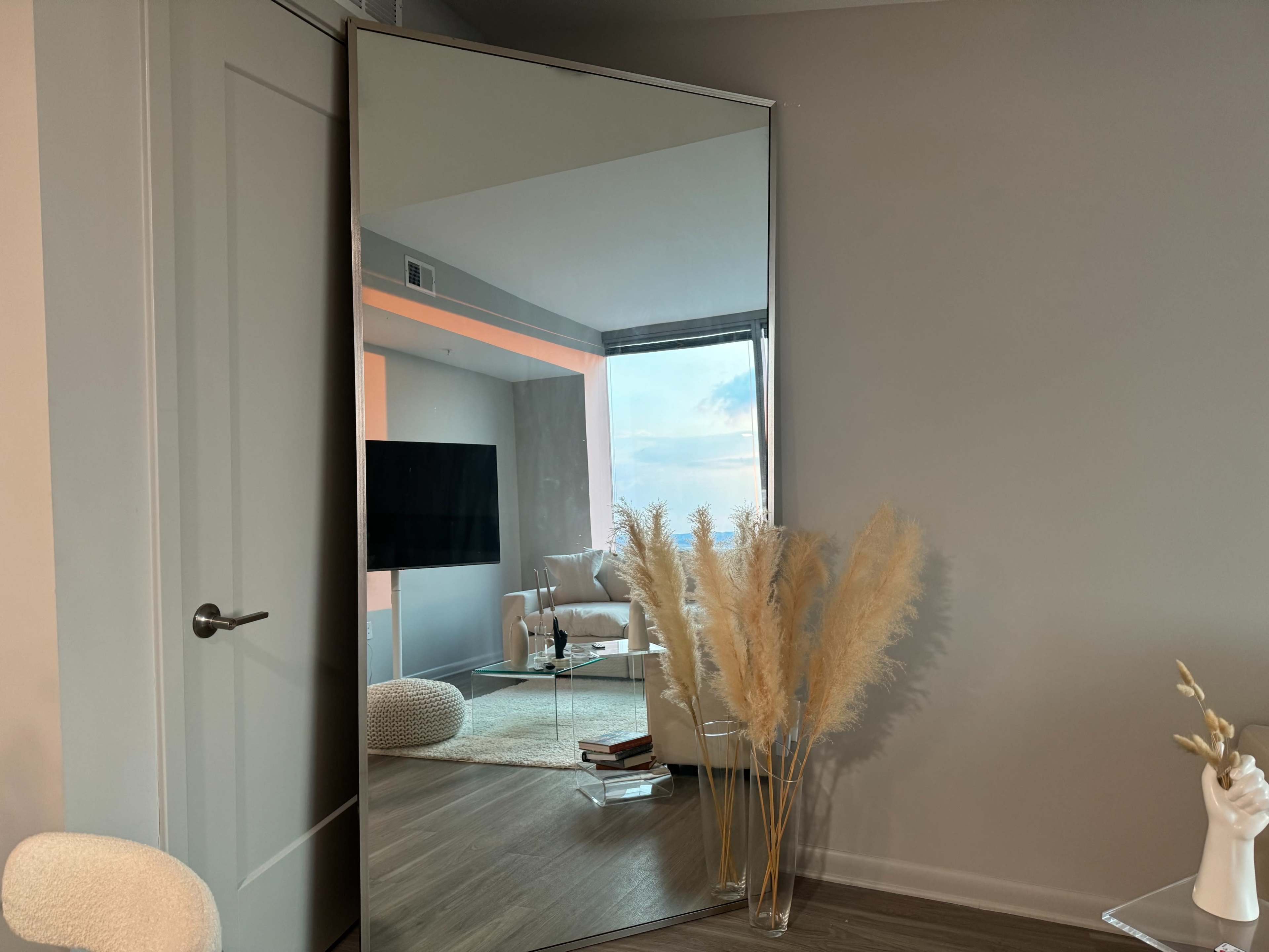 A large mirror reflects a room with a television, a sofa, and decorative plants, framed by a gray wall and wooden flooring.