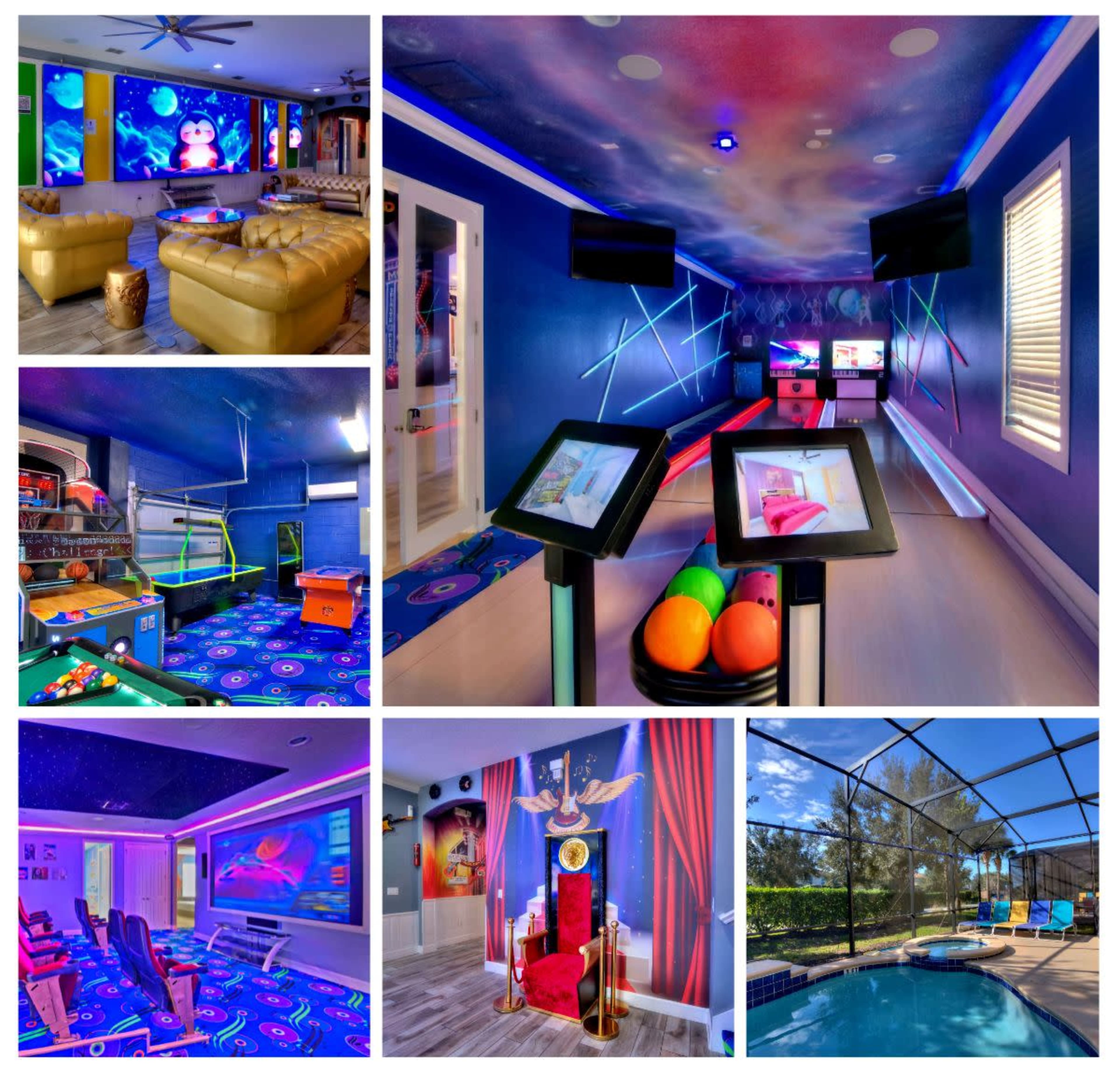 A vibrant entertainment space featuring a game room with various activities, a cinema area, and an outdoor pool surrounded by a screened enclosure.