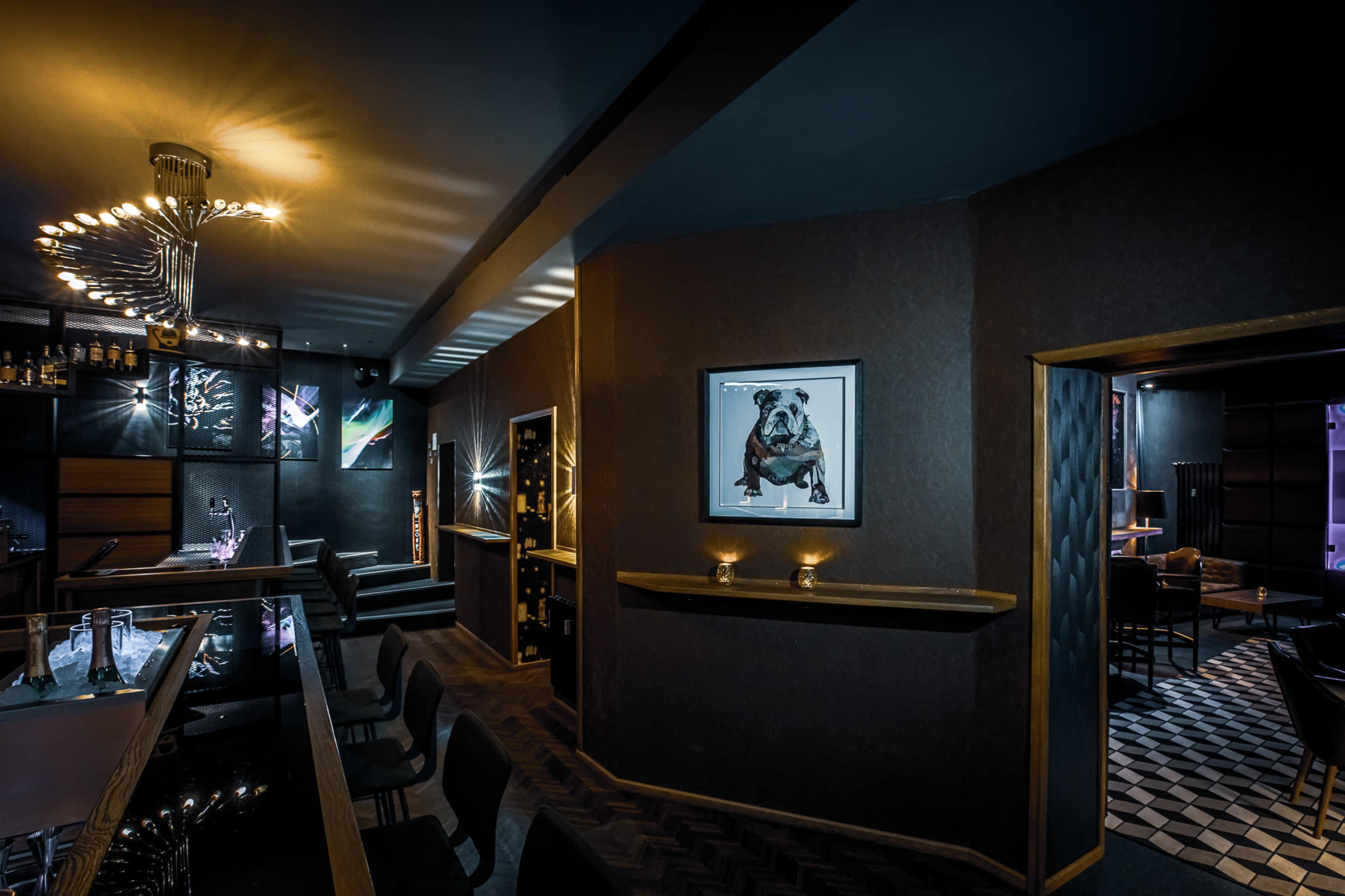 The image shows a dimly lit bar area with a modern design, featuring a prominent chandelier, a framed bulldog painting on the wall, and an adjacent lounge area visible through an open doorway.