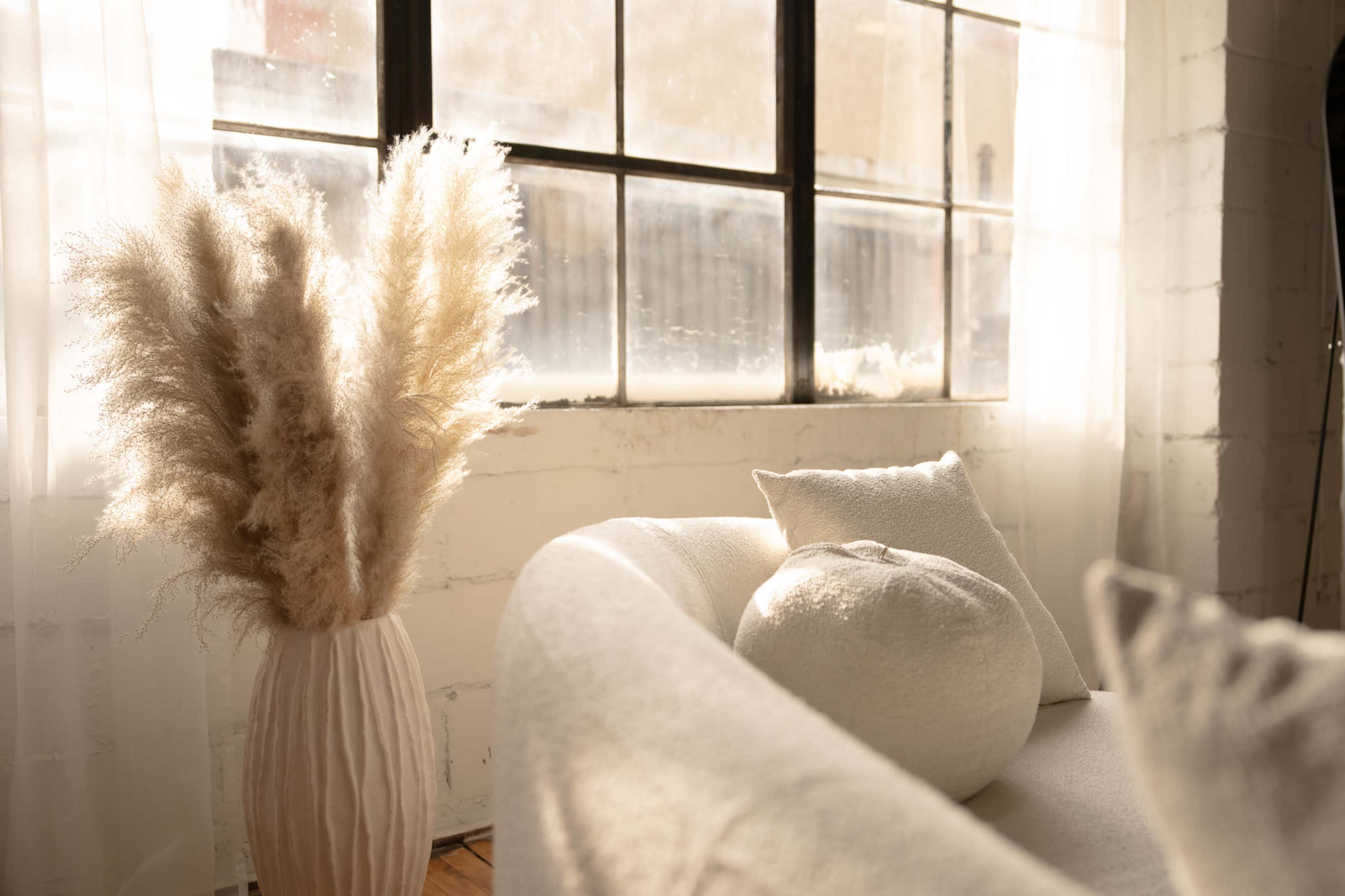 A decorative vase with pampas grass stands beside a light-colored sofa near a large window.