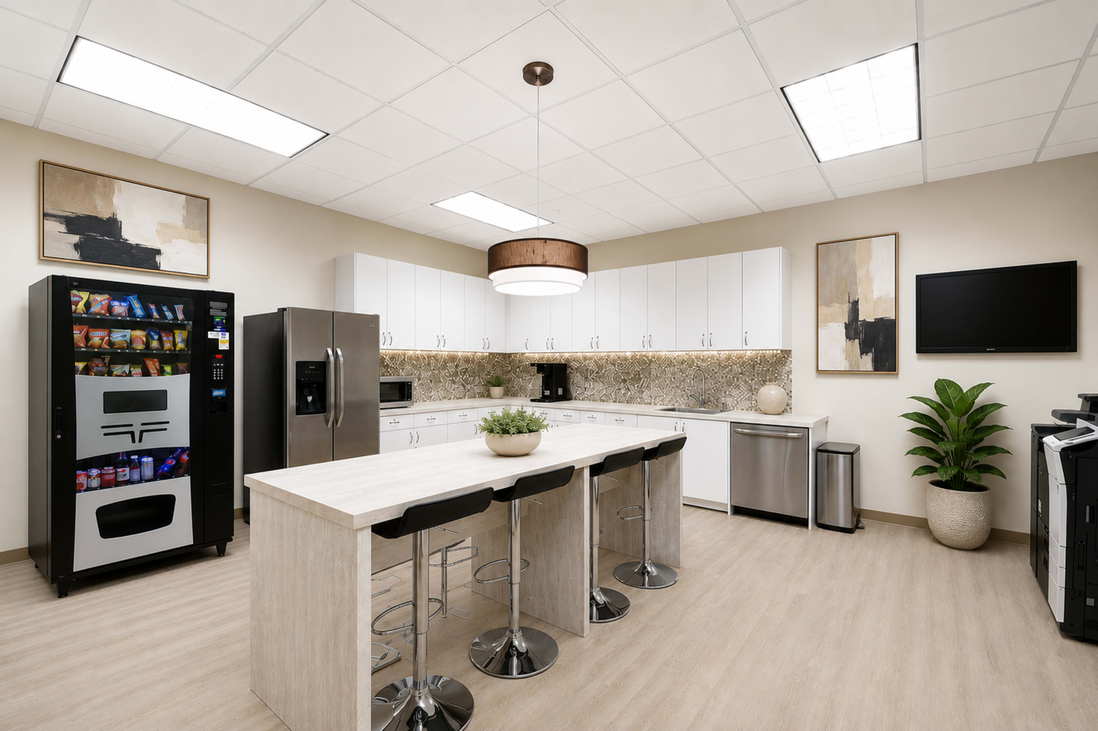 The image shows a modern kitchen space equipped with a large refrigerator, a vending machine, a compact dishwasher, and a central island with bar stools.