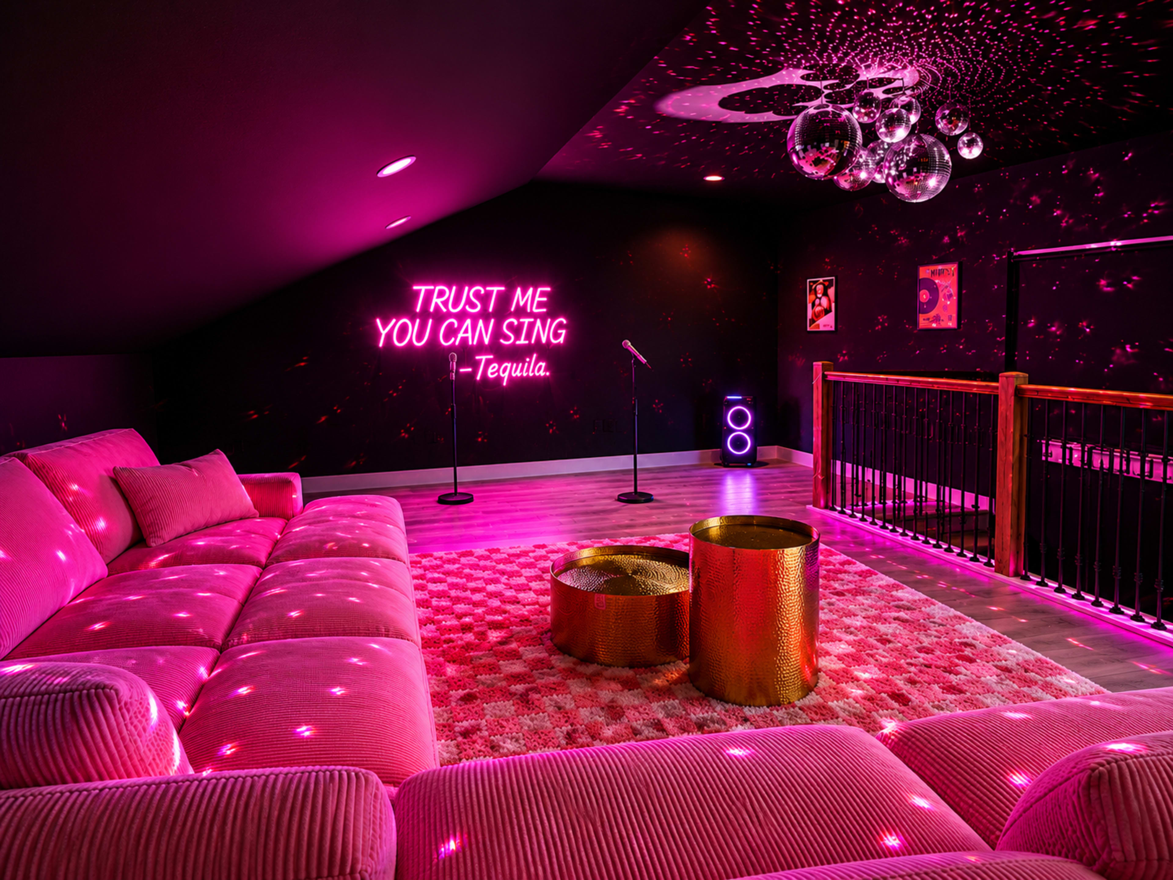 A modern entertainment room features a pink couch, two microphones, and colorful disco lights reflecting off the dark ceiling.