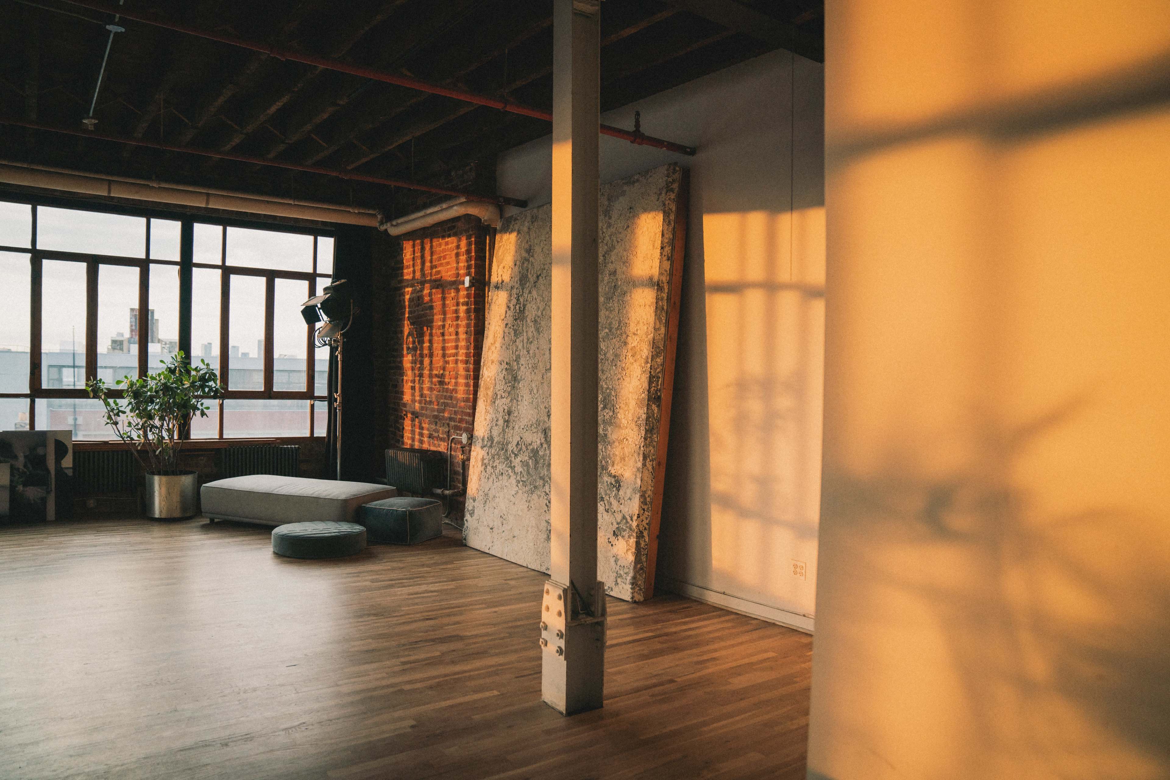 The image shows a spacious room with large windows, a potted plant, and a wall adorned with a large, textured panel, all illuminated by warm golden light.