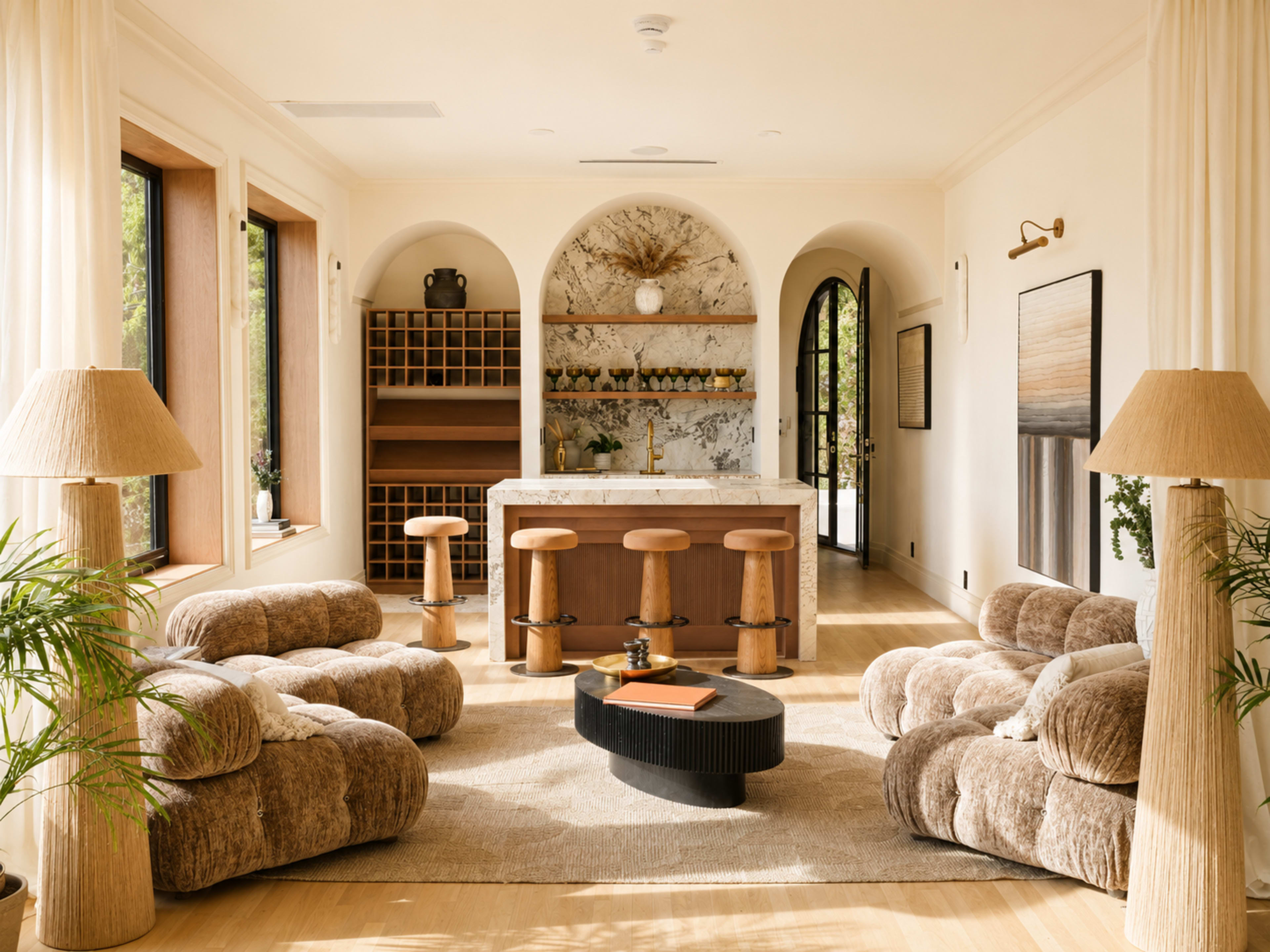 The image shows a modern living space featuring a kitchen island with bar stools, a cozy seating area with textured lounge chairs, and large windows allowing natural light to fill the room.